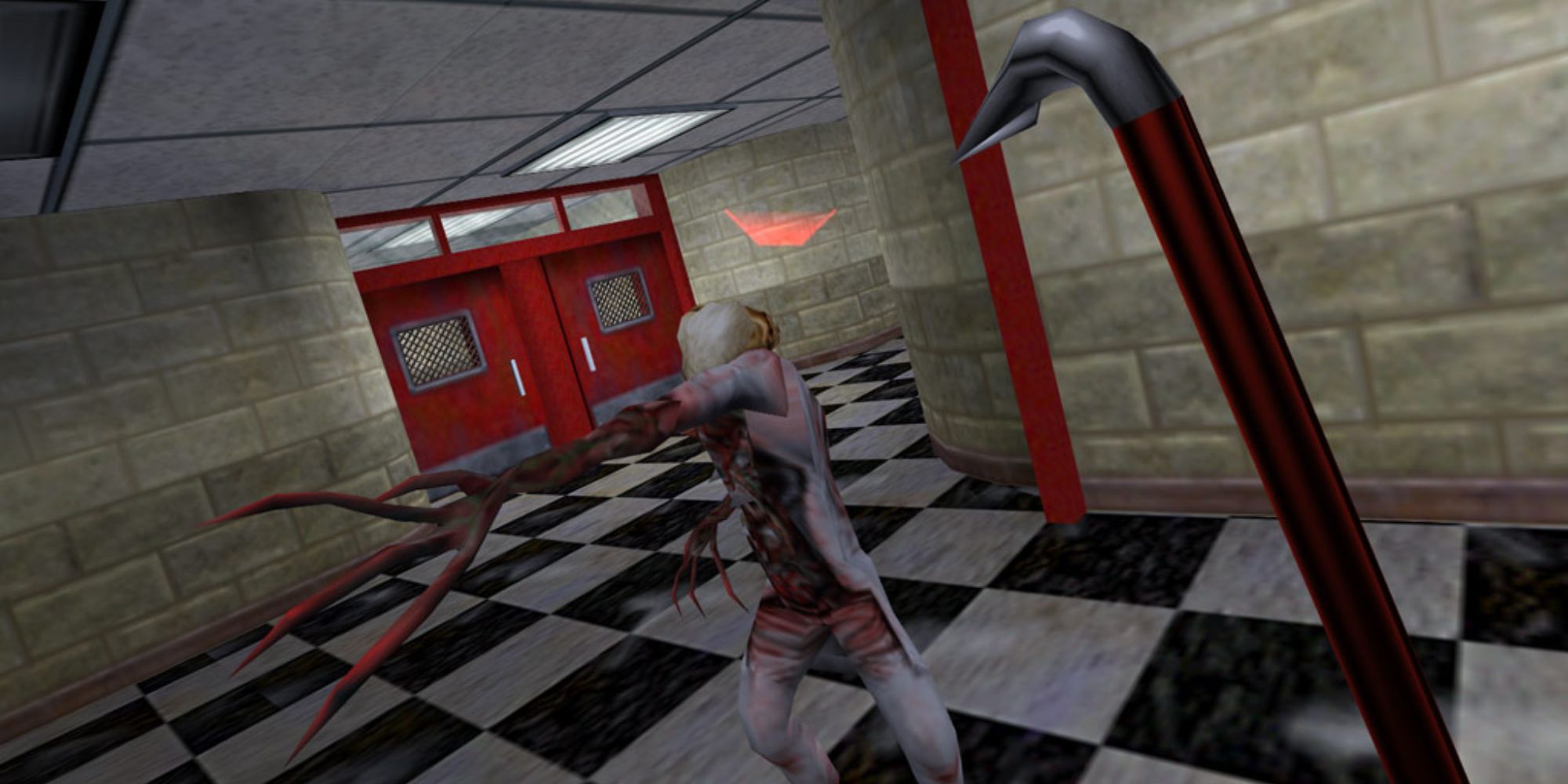90s FPS a POV shot from Half Life of a crowbar attacking a Zombie inside of a dimly lit building