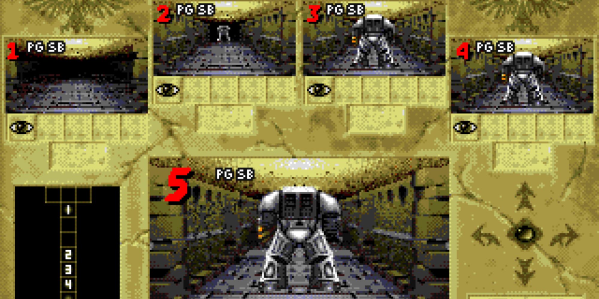 90s FPS a shot from Space Hulk of various monitors displaying the perspectives of five different characters, with the main character's being bigger and in the middle surrounded by a beige border