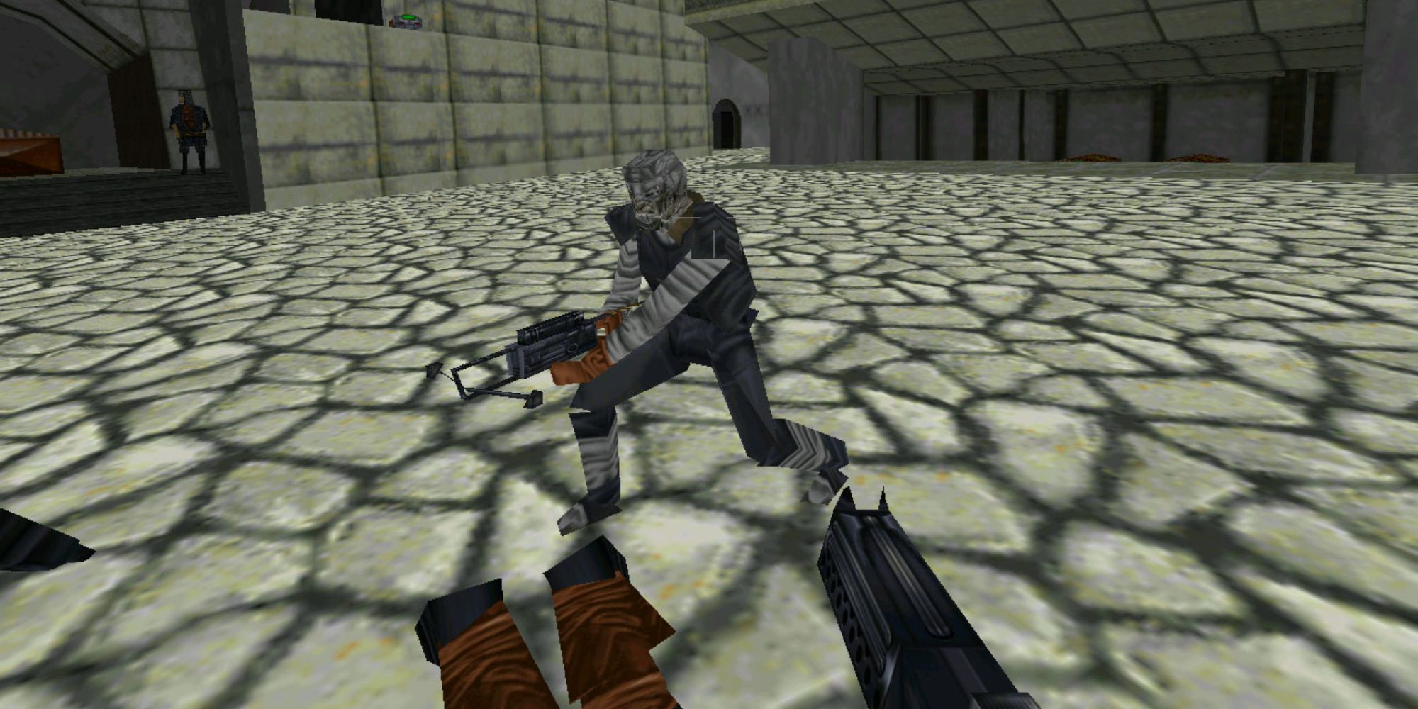 A first person perspective shot from Star Wars Jedi Knight: Dark Forces 2 of a blaster aimed at a Tusken in an expansive empty courtyard