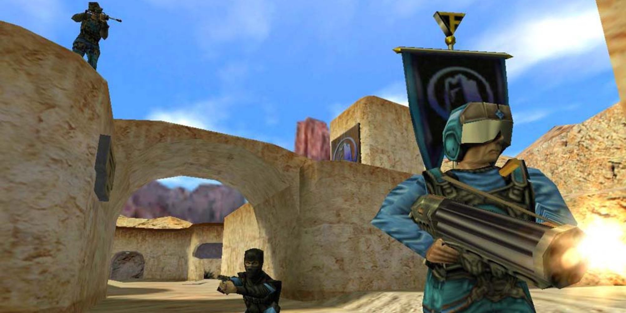 90s FPS a wide shot from Team Fortress Classic of the Soldier, Spy and Sniper stood in various positions throughout a sand covered village in the desert with a blue flag in the top right
