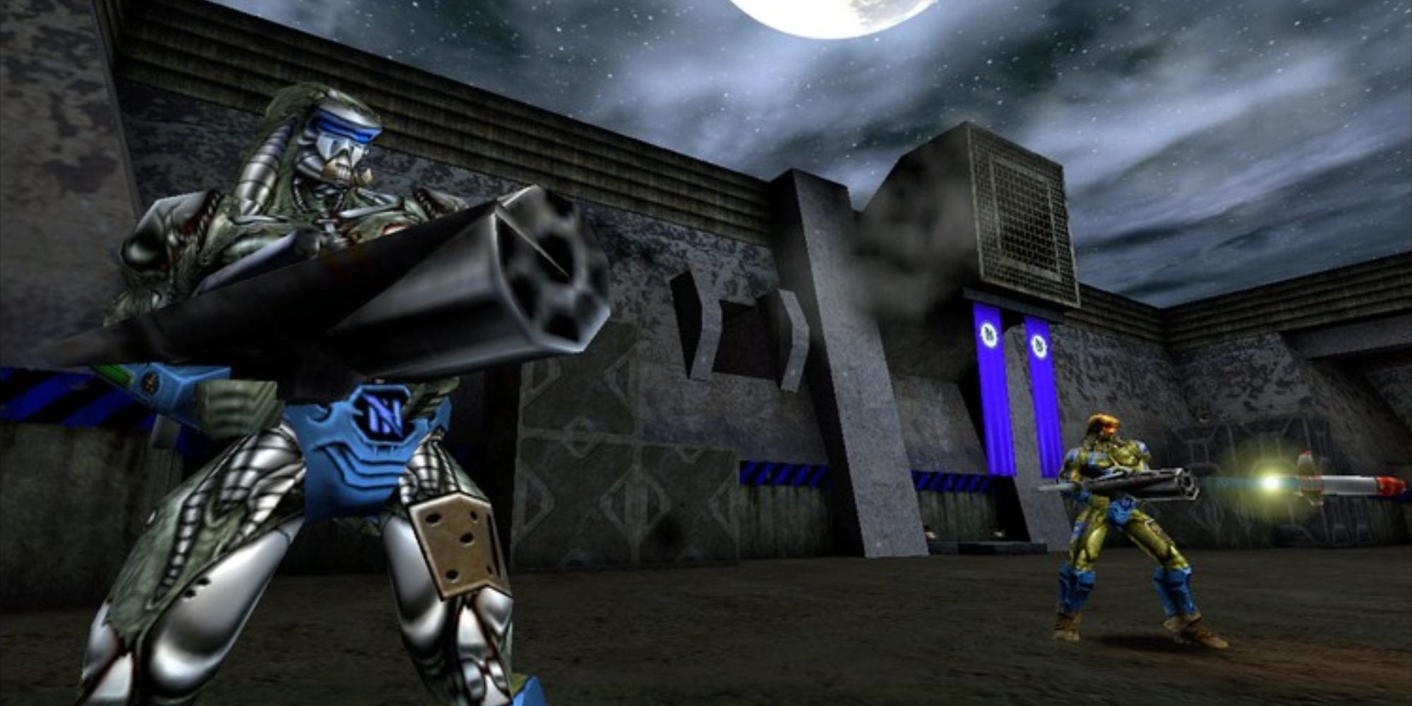 90s FPS a wide shot from the game Unreal Tournament of two Dominators firing various weapons at enemies off screen against a dark and gloomy backdrop of an industrial building