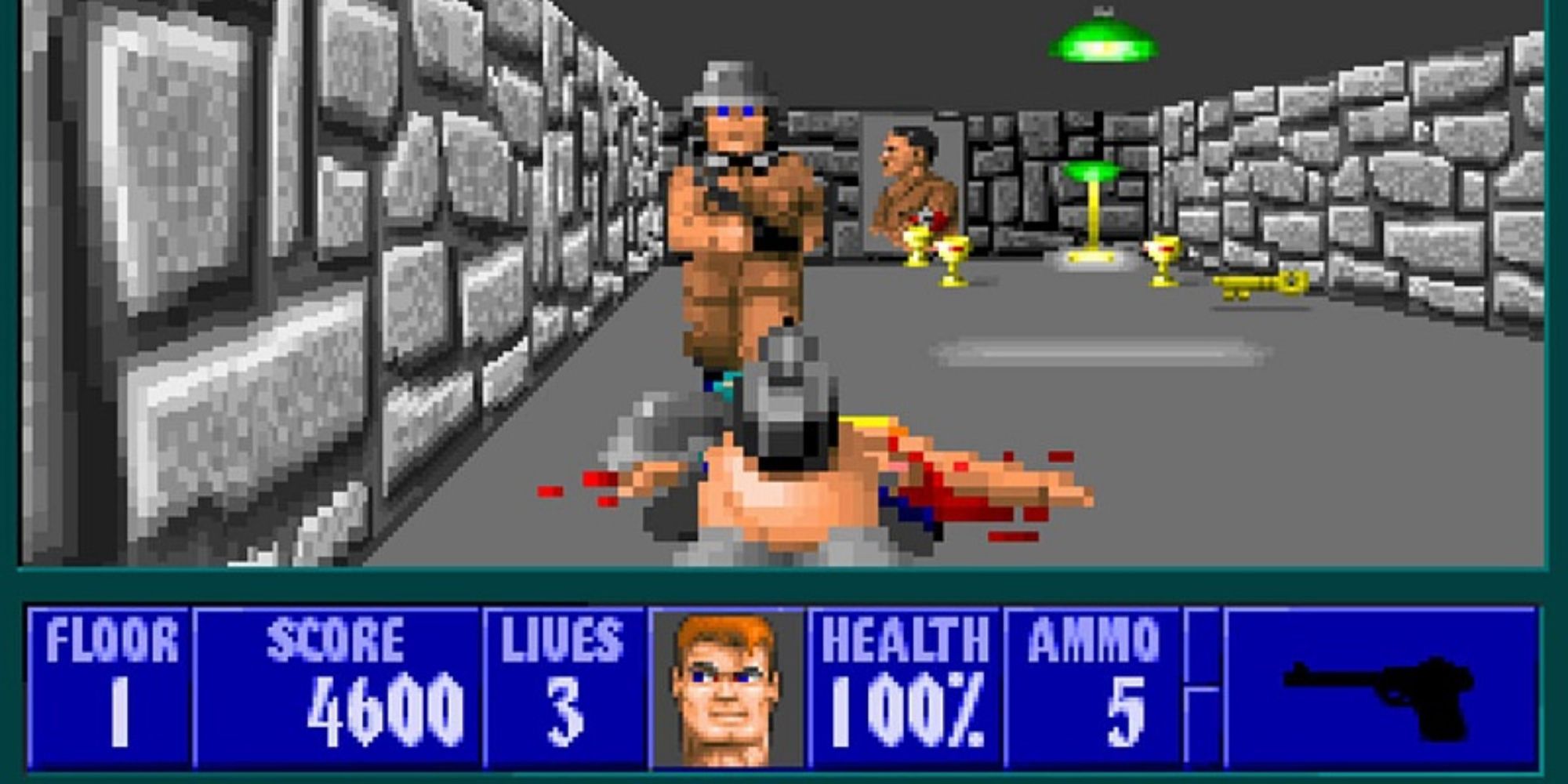 90s FPS a POV shot from Wolfenstein 3D of William Joseph aiming his pistol at a Nazi surrounded by grey walls with a portrait of Hitler in the background