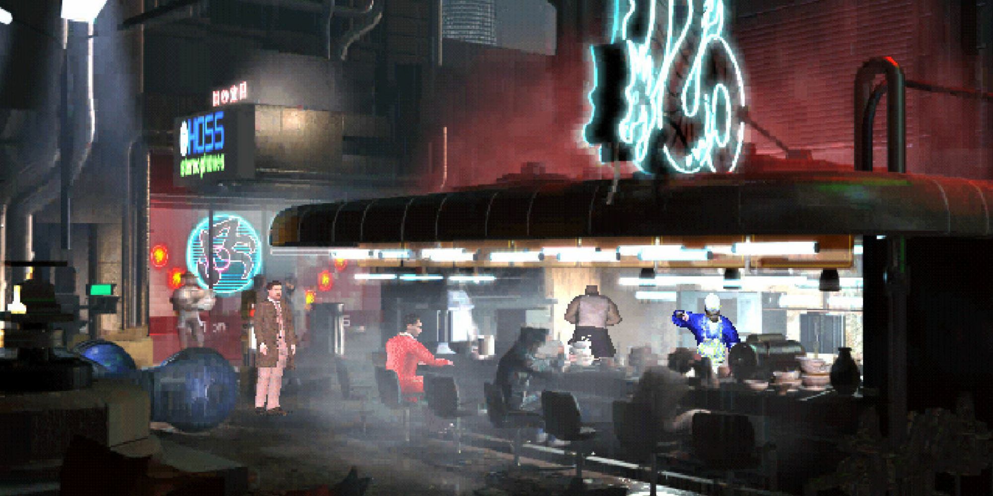 90s Point & Click a wide shot from Blade Runner of Ray McCoy stood next to a neon-lit outdoor bar with a few patrons sat in seats