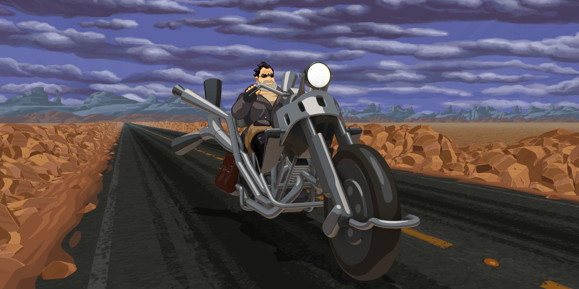 90s Point & Click a wide shot from Full Throttle of Ben riding a motorbike down a highway with desert on either side of him