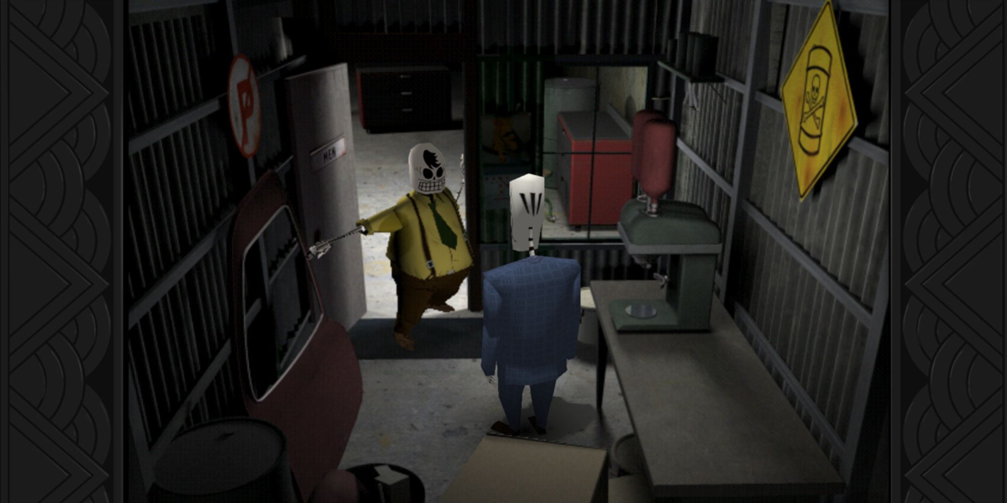 90s Point & Click a wide shot from Grim Fandango of Manny Calavera stood in the men's bathroom as Don Copal opens the door
