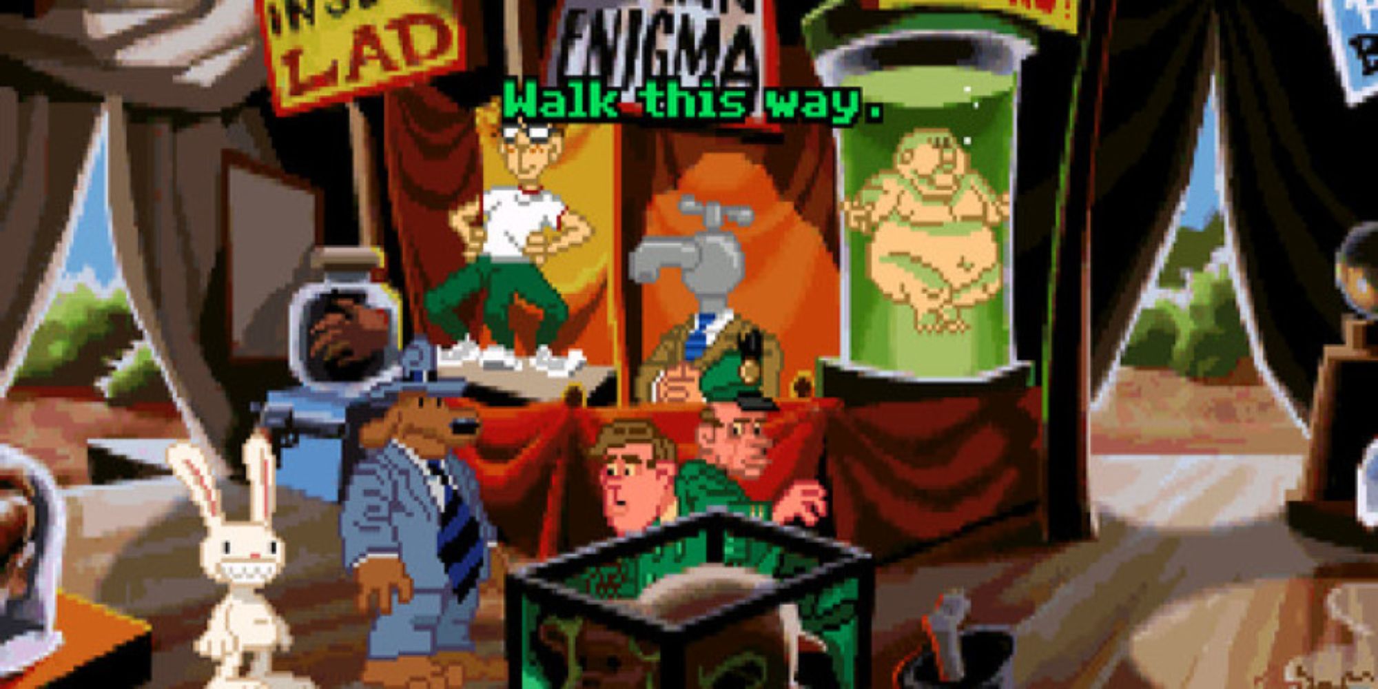 90s Point & Click a mid shot from Sam & Max Hit The Road of Sam and Max stood in a tent surrounded by large jars talking to two men in green with text appearing above them