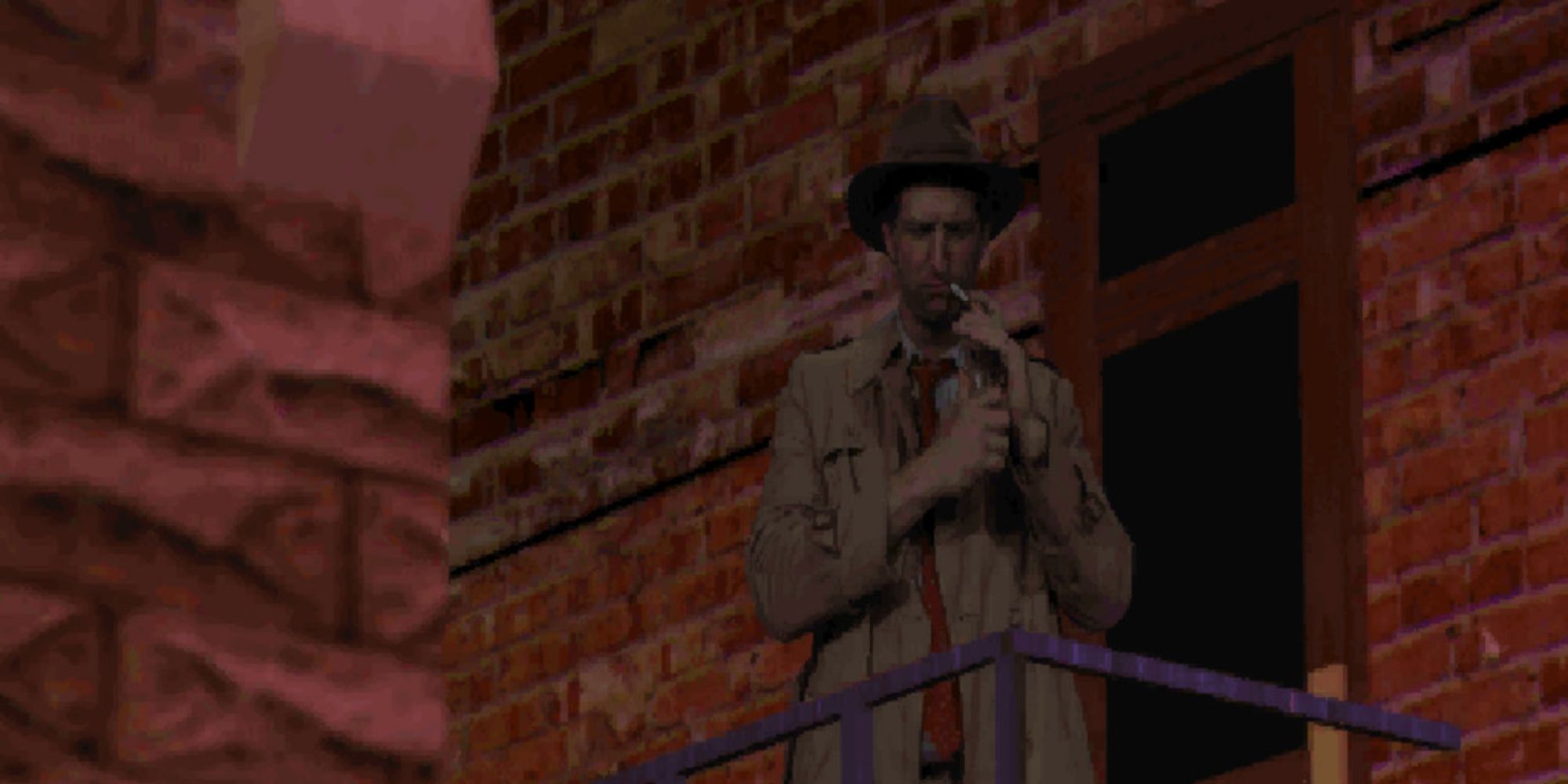 90s Point & Click a mid shot from Tex Murphy: Under A Killing Moon of Tex Murphy stood lighting a cigarette on the balcony of a red brick building