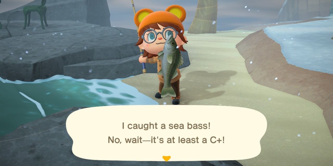 A villager in Animal Crossing: New Horizons that caught a sea bass.