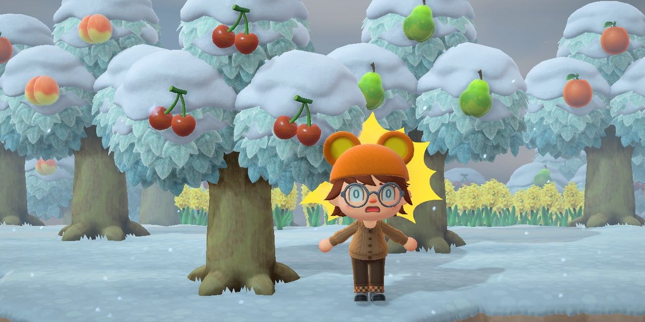 An Animal Crossing: New Horizons villager standing next to a cherry tree.