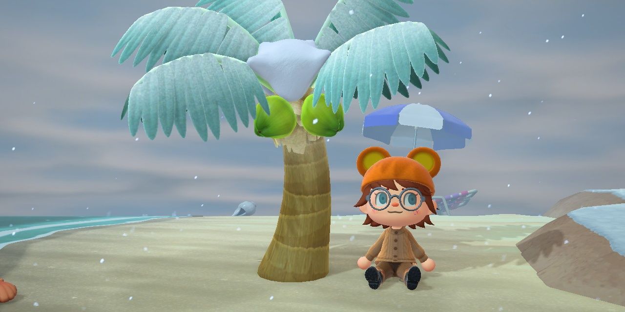 An Animal Crossing: New Horizons villager sitting next to a palm tree with coconuts.