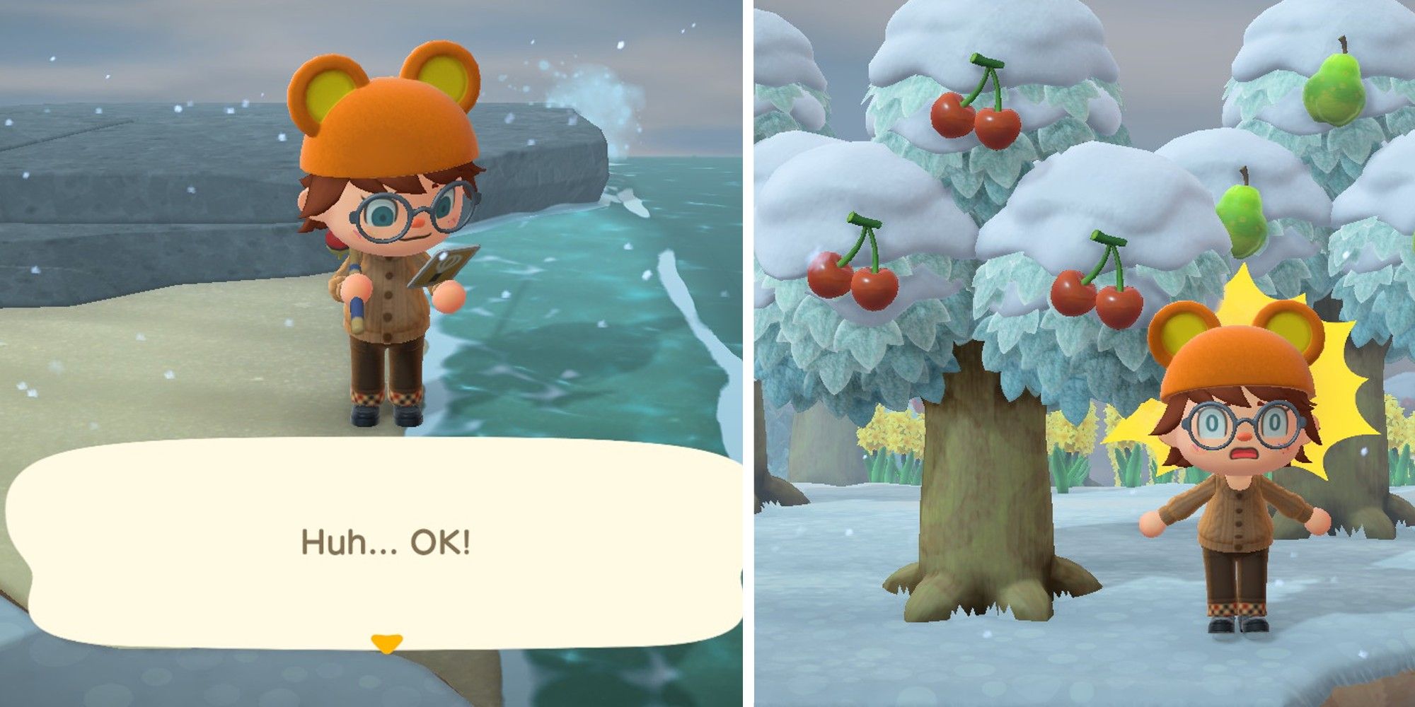 An Animal Crossing: New Horizons villager learning a new recipe and a photo of the villager standing next to a cherry tree. 