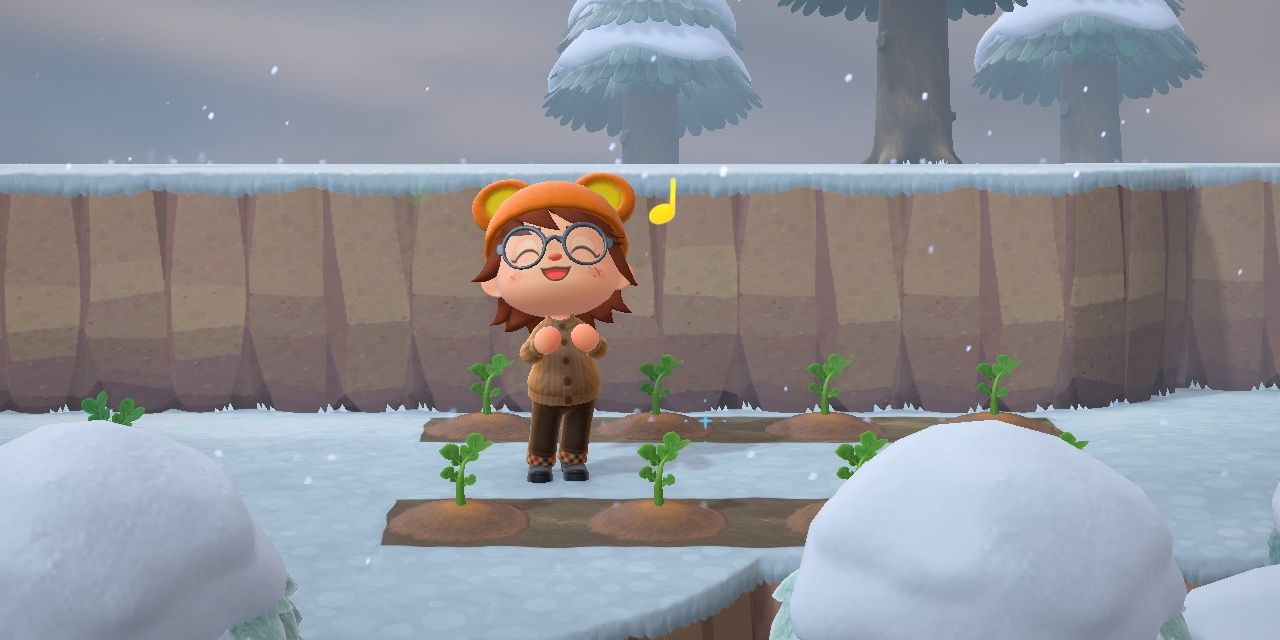 A villager in Animal Crossing: New Horizons standing next to a garden. 