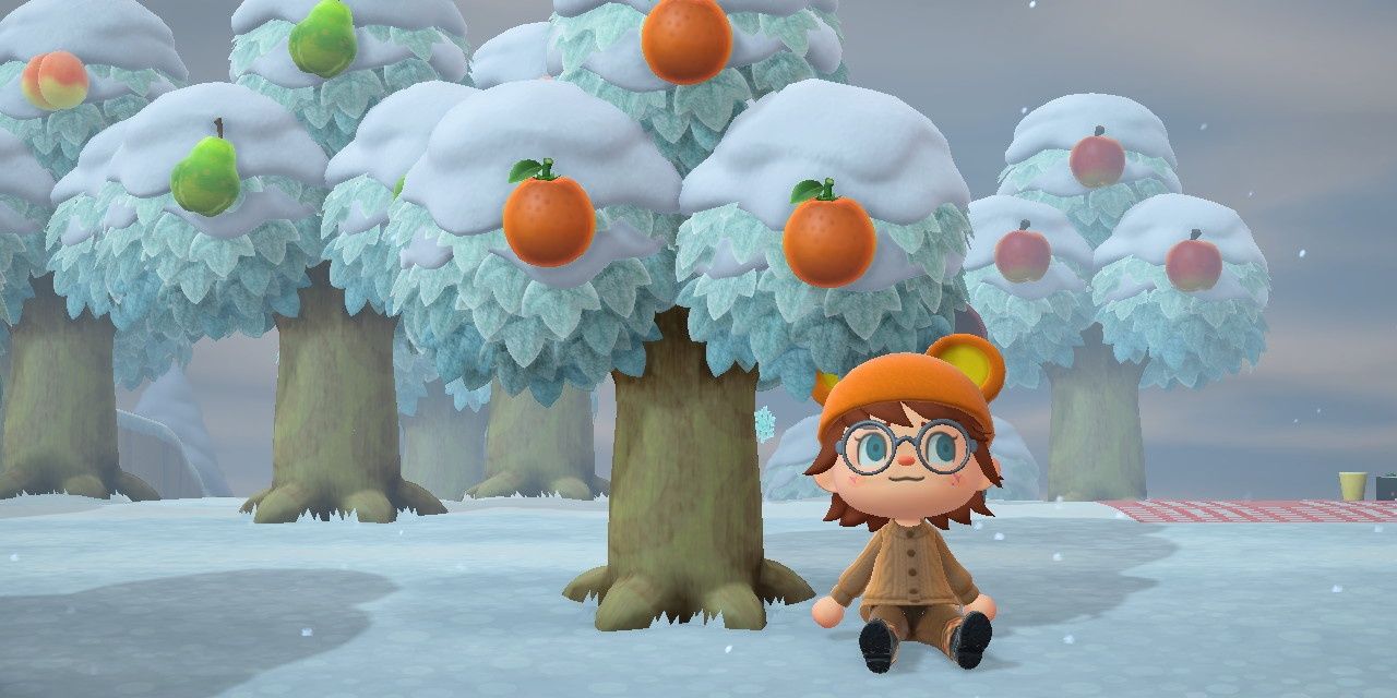 An Animal Crossing: New Horizons villager sitting next to an orange tree. 