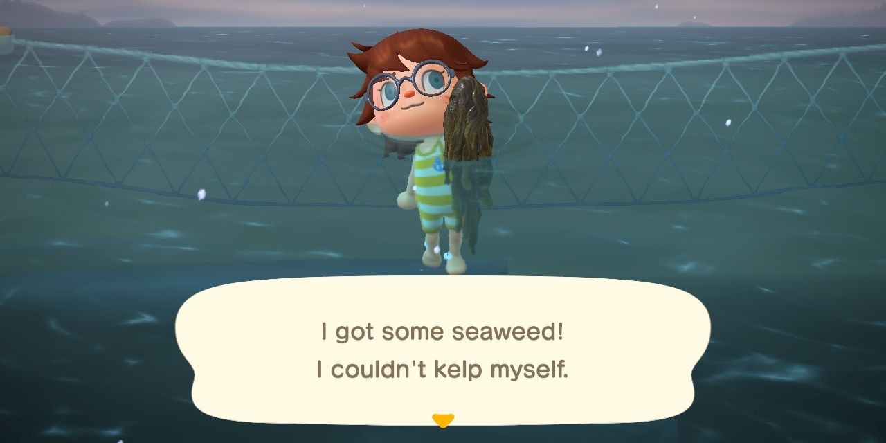 A villager in Animal Crossing: New Horizons catching a clump of seaweed.
