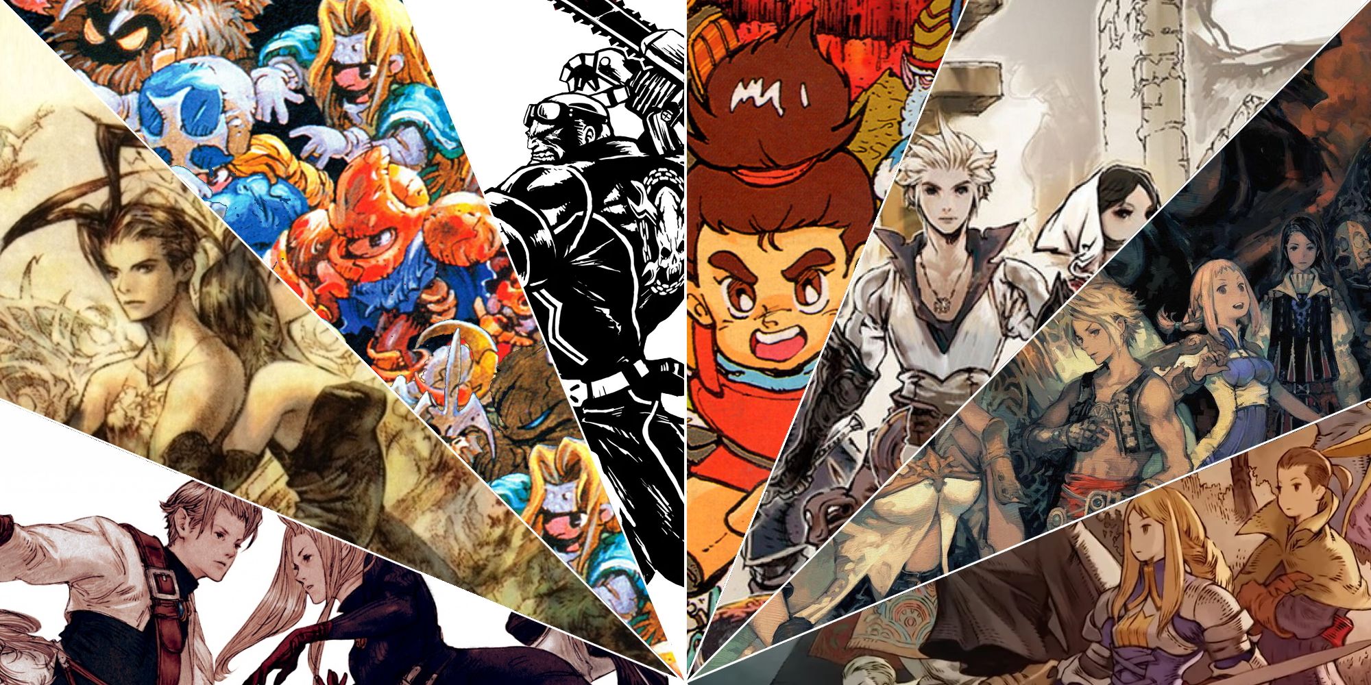 All Matsuno's Games Featured Image (showing an image from Final Fantasy Tactics, Final Fantasy 12, Ogre Battle, Tactics Ogre, Conquest of the Crystal Palace, MadWorld, Crimson Shroud, and Vagrant Story)