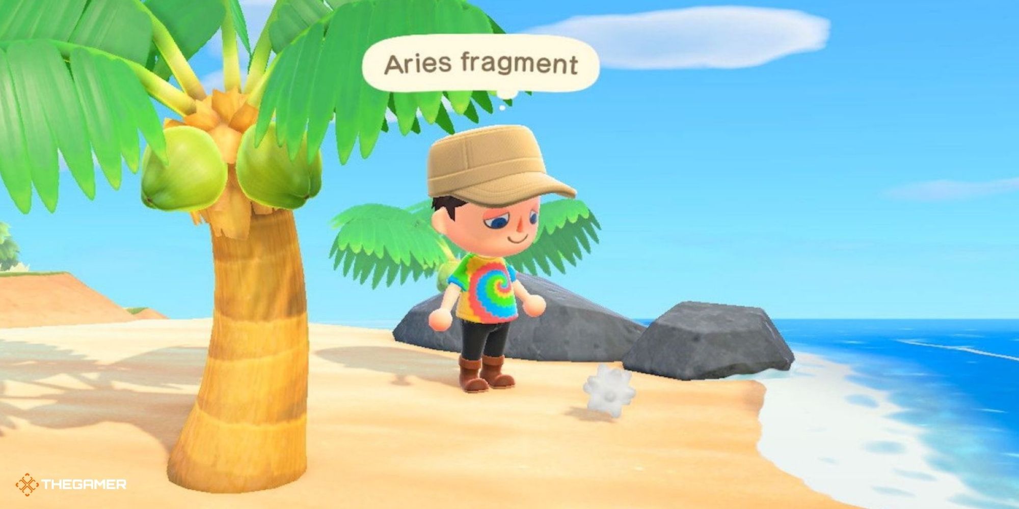 Animal Crossing New Horizons - игрок смотрит на фрагмент звезды Овна на пляже