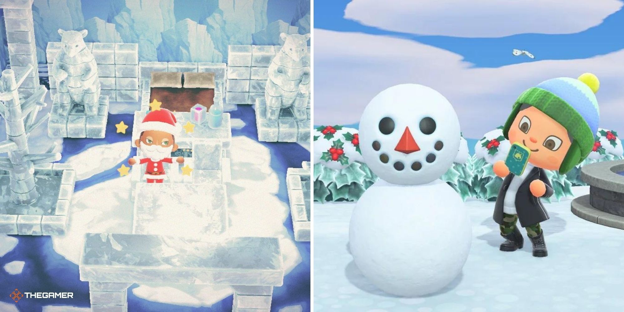 Animal Crossing New Horizons - Player standing with frozen furniture on left, player standing with snowboy on right