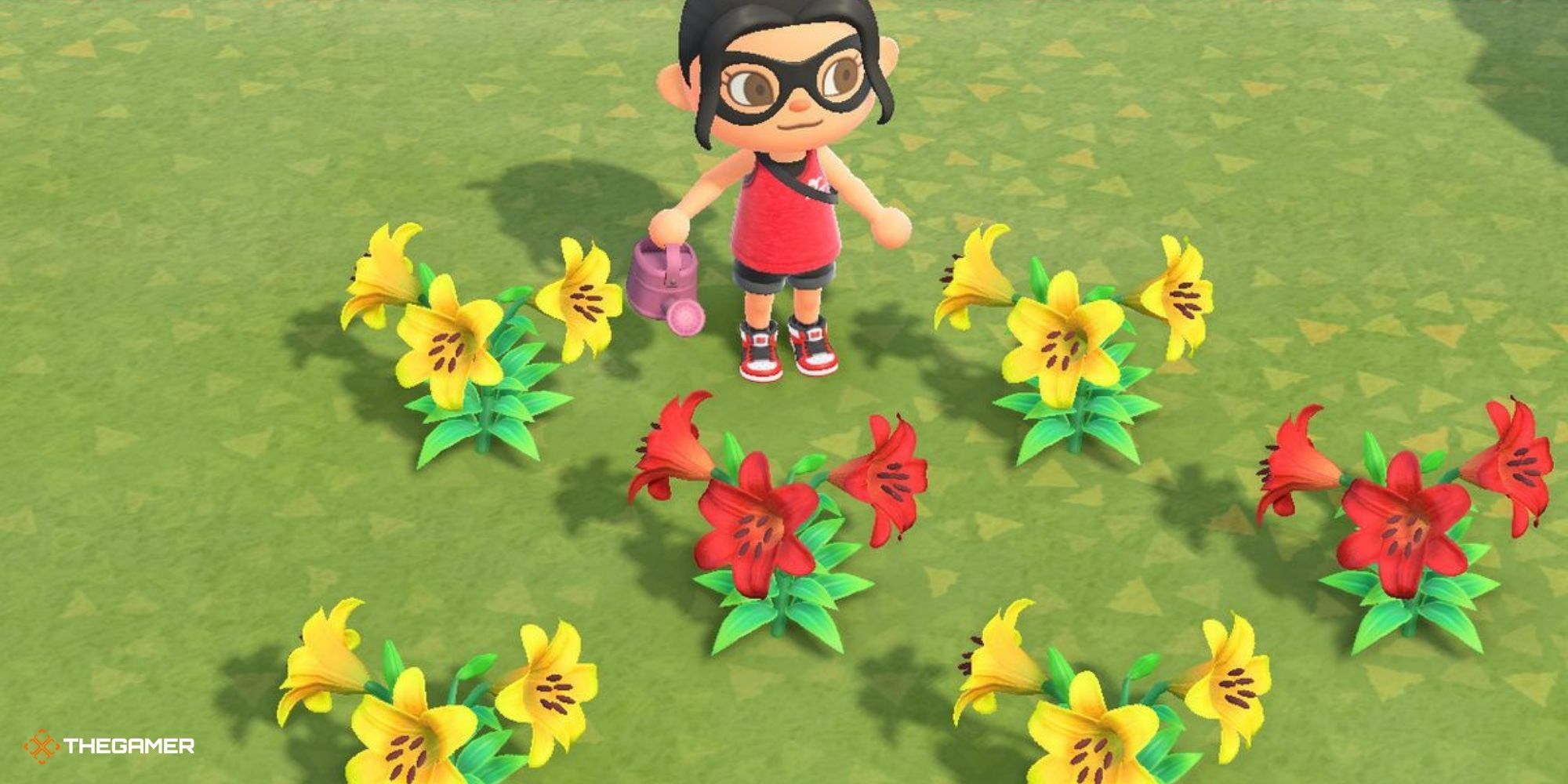 Animal Crossing New Horizons - player with watering can and lilies