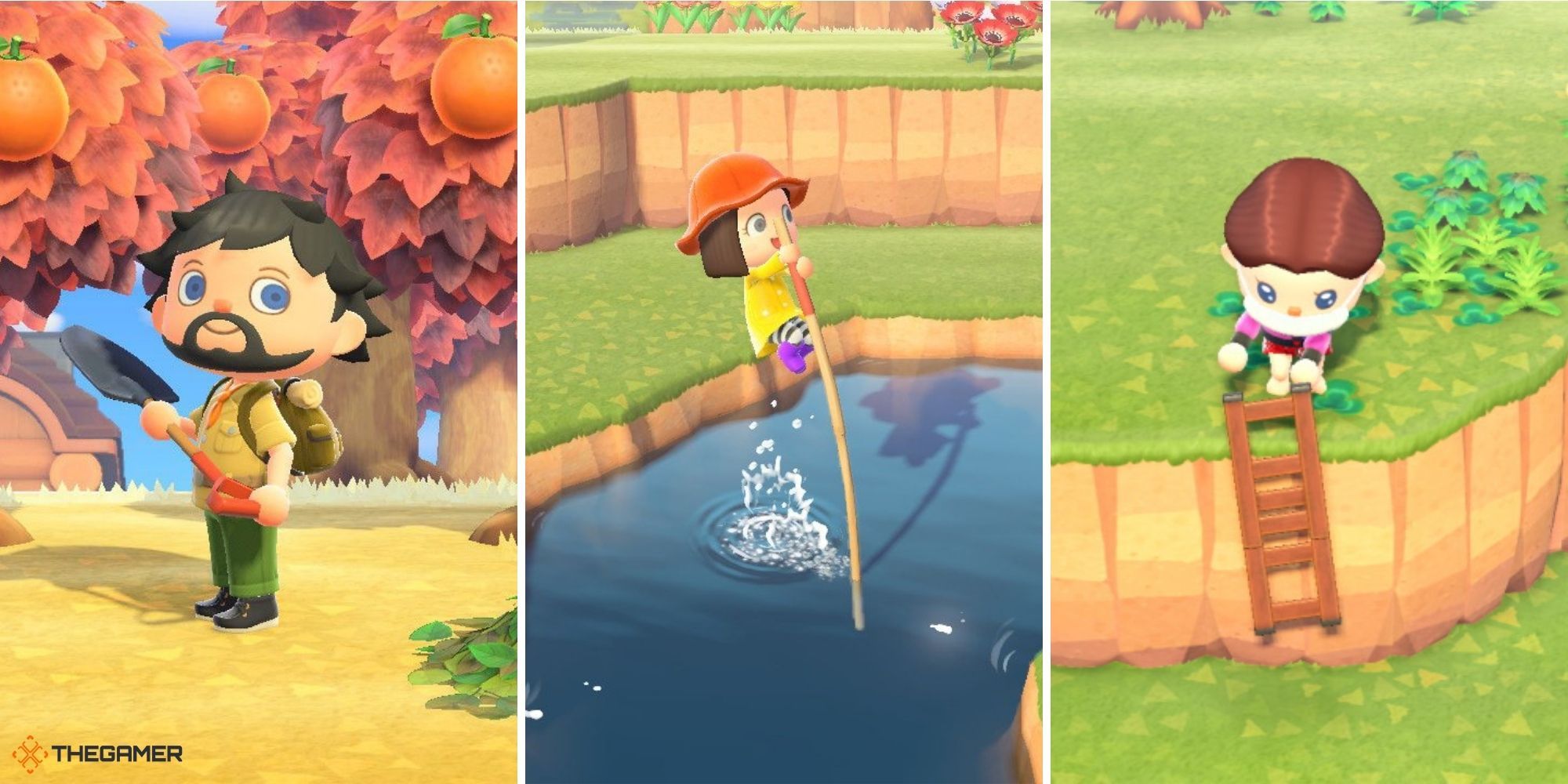 Animal Crossing New Horizons - players with various tools (shovel, vaulting pole, ladder)