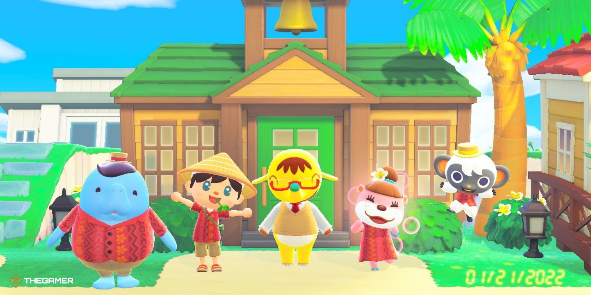 Animal Crossing New Horizons Happy Home Paradise - player in front of the school with Lottie, Niko, Wardell, and Eloise