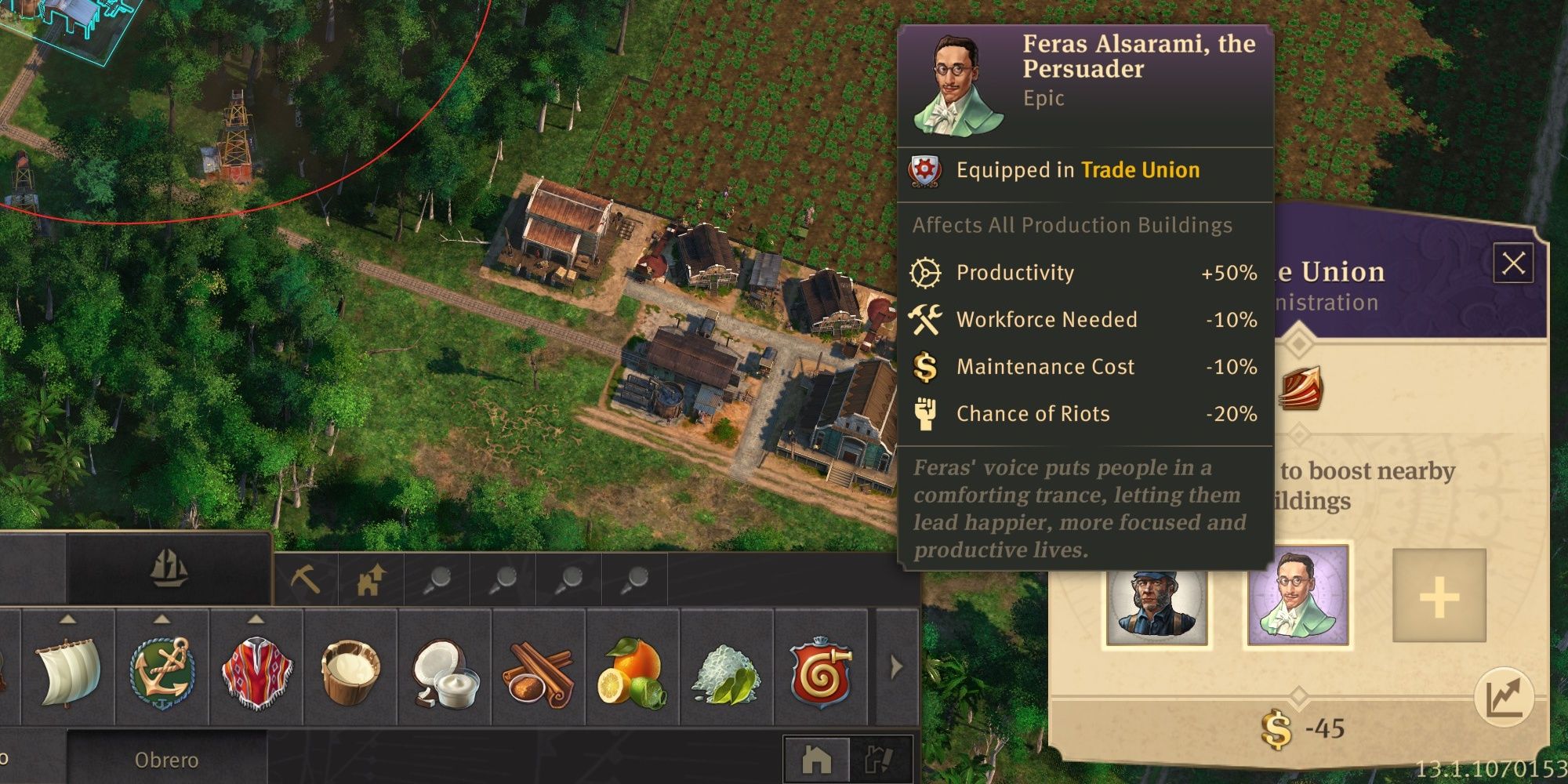 Anno 1800 screenshot showing the specialist Feras Alsarami equipped in a Trade Union