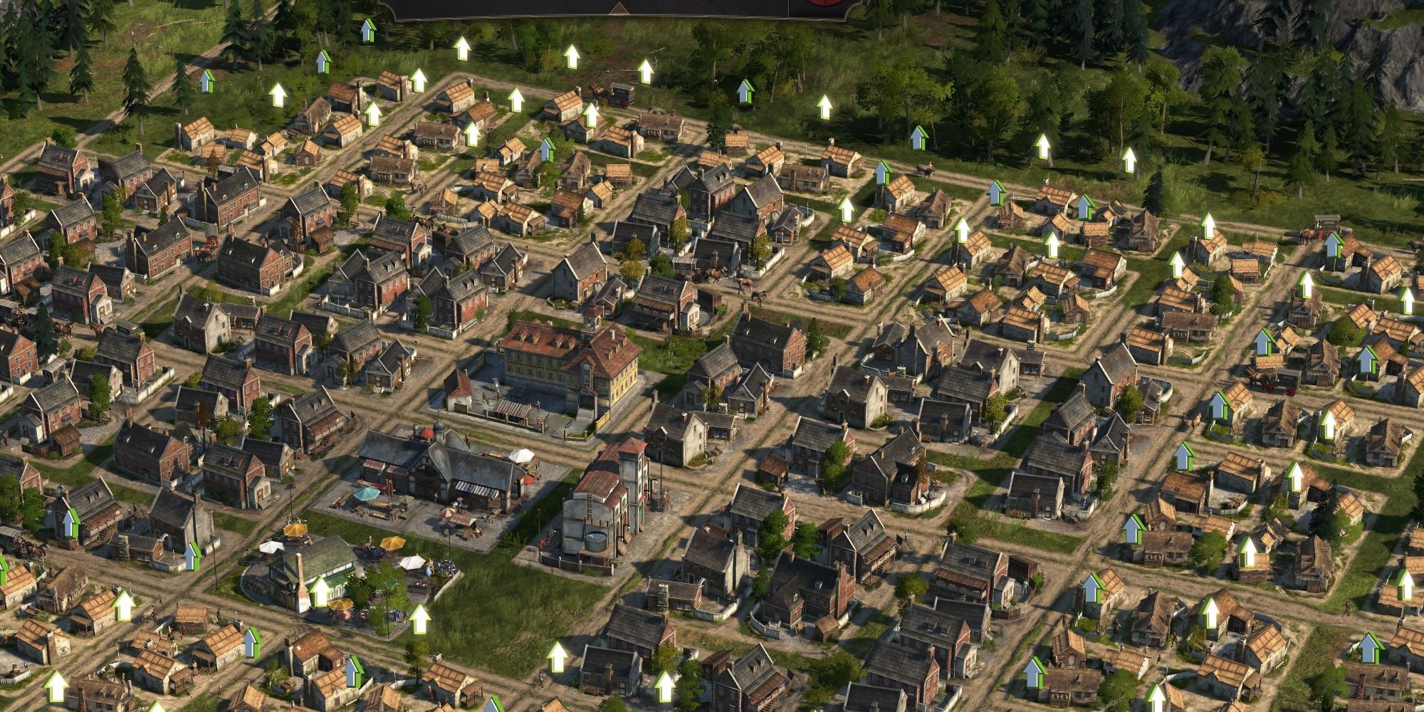 Anno 1800 screenshot showing citizen houses ready to be upgraded to the next tier