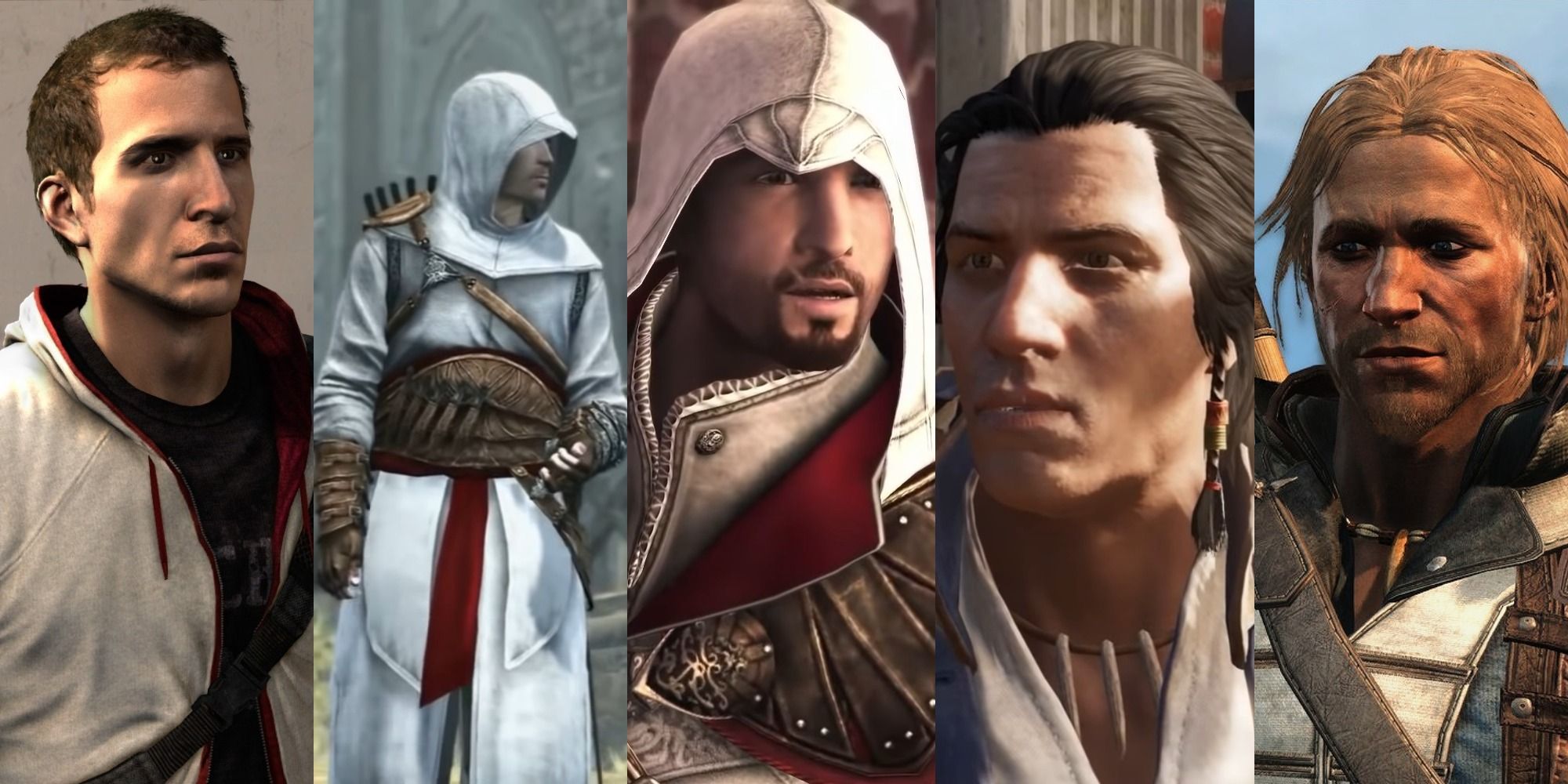 Assassin's Creed Split Image Of Desmond Miles, Altair, Ezio, Connor, and Edward