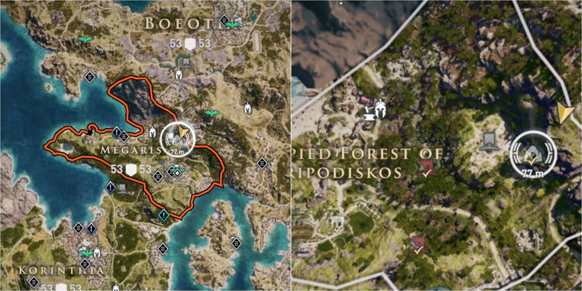 Assassin's Creed Odyssey Split Image Showing Happy Hour Cave Location