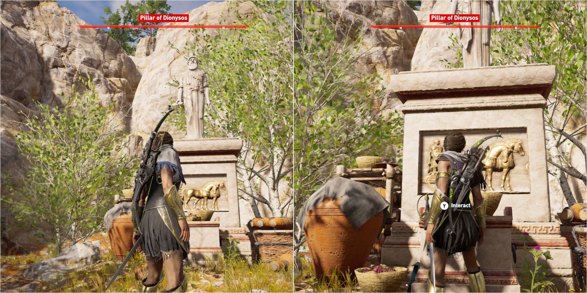 Assassin's Creed Odyssey Split Image Of Screenshots Showing Pillar Of Dionysos