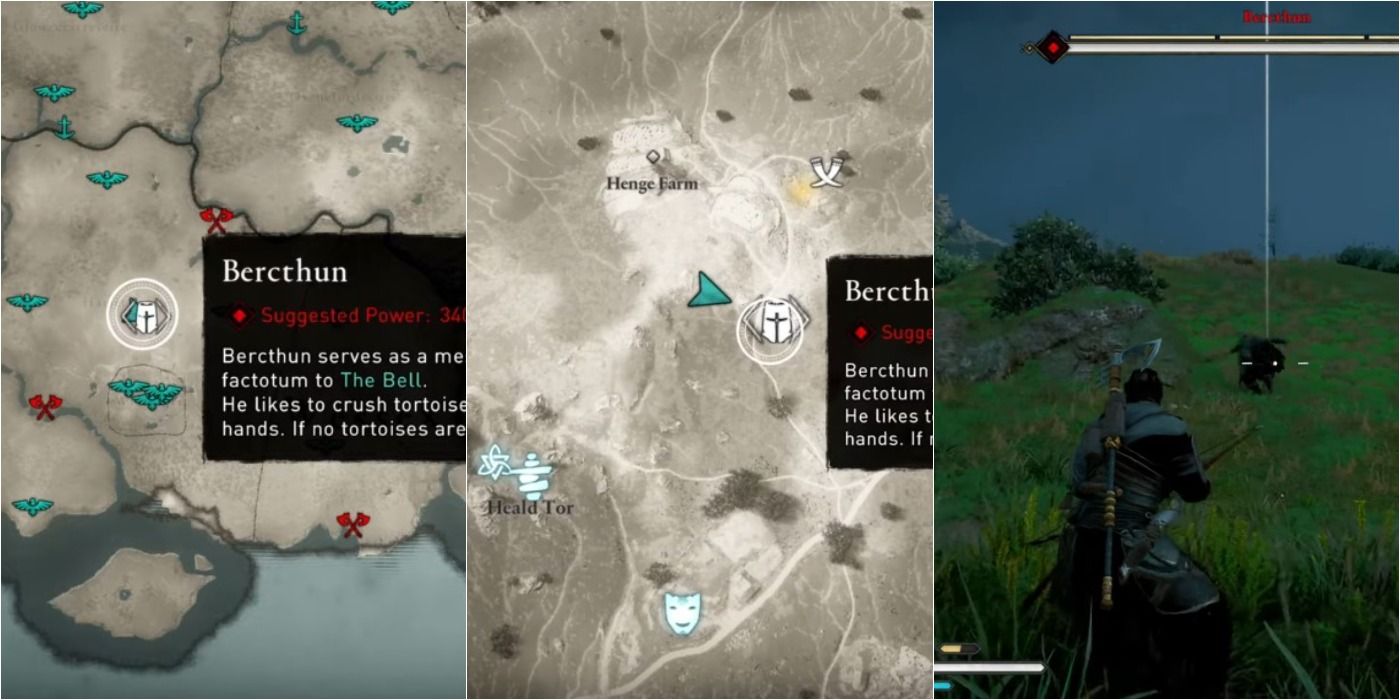 Assassin's Creed Valhalla split image of Bercthun location on map and in game