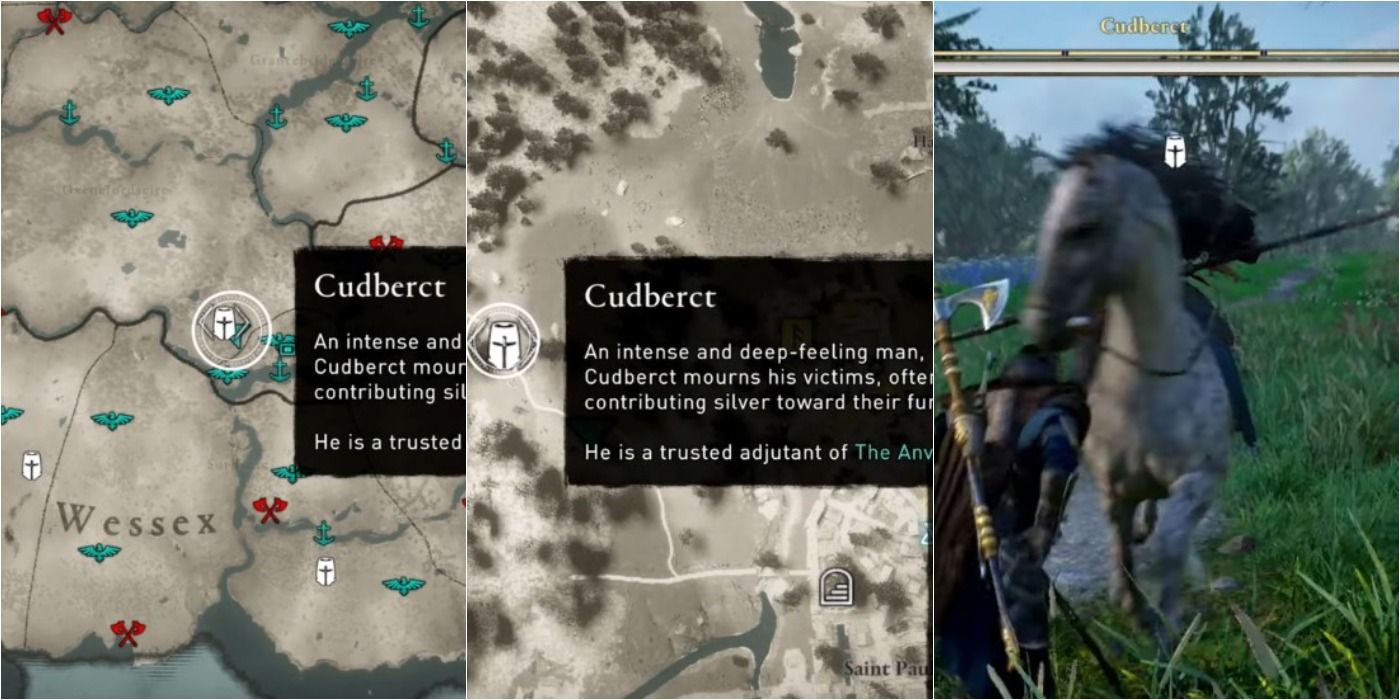 Assassin's Creed Valhalla split image of Cudberct location on map and in game