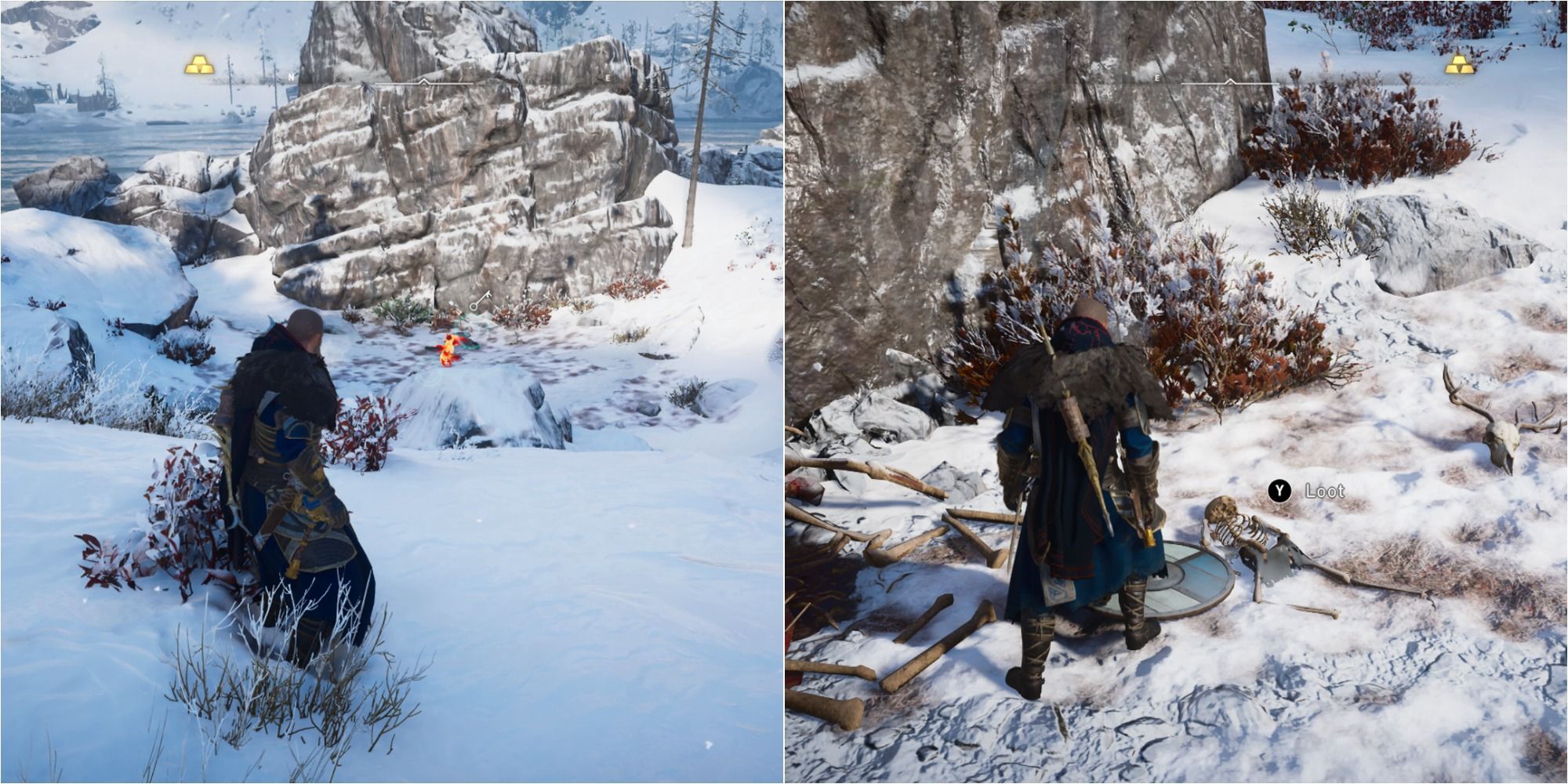 Assassin's Creed Valhalla Split Image Eivor Finding Deserted Chalet Key