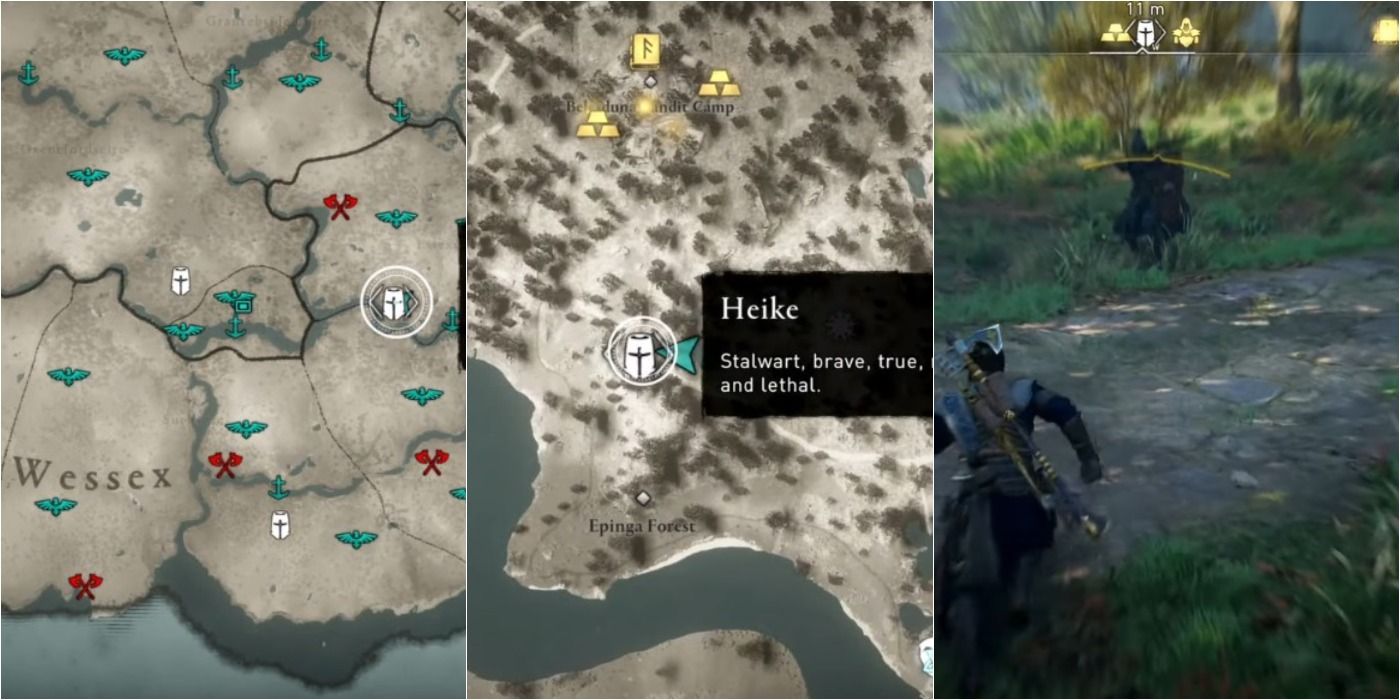 Assassin's Creed Valhalla split image of Heike location on map and in game