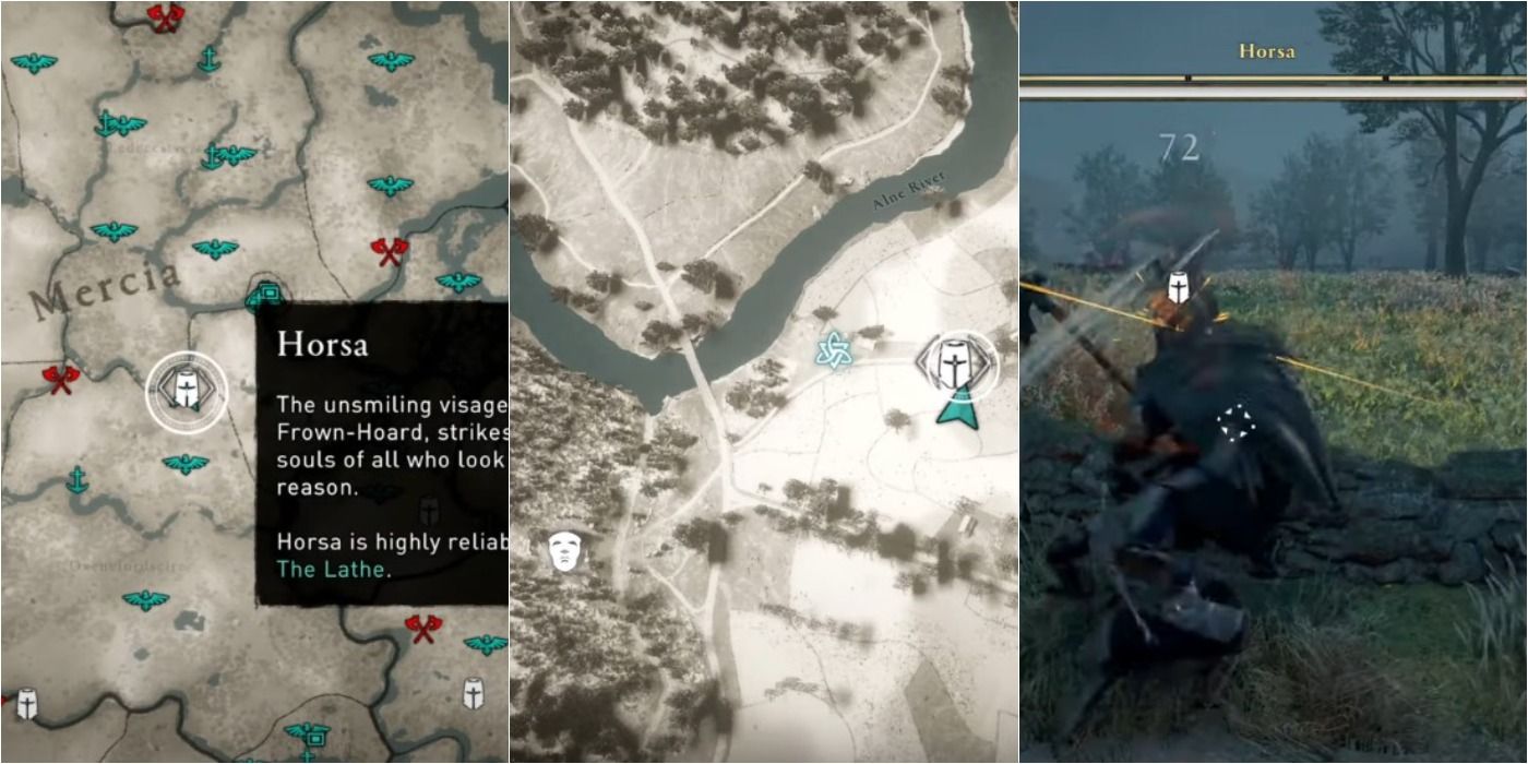 Assassin's Creed Valhalla split image of Horsa location on map and in game