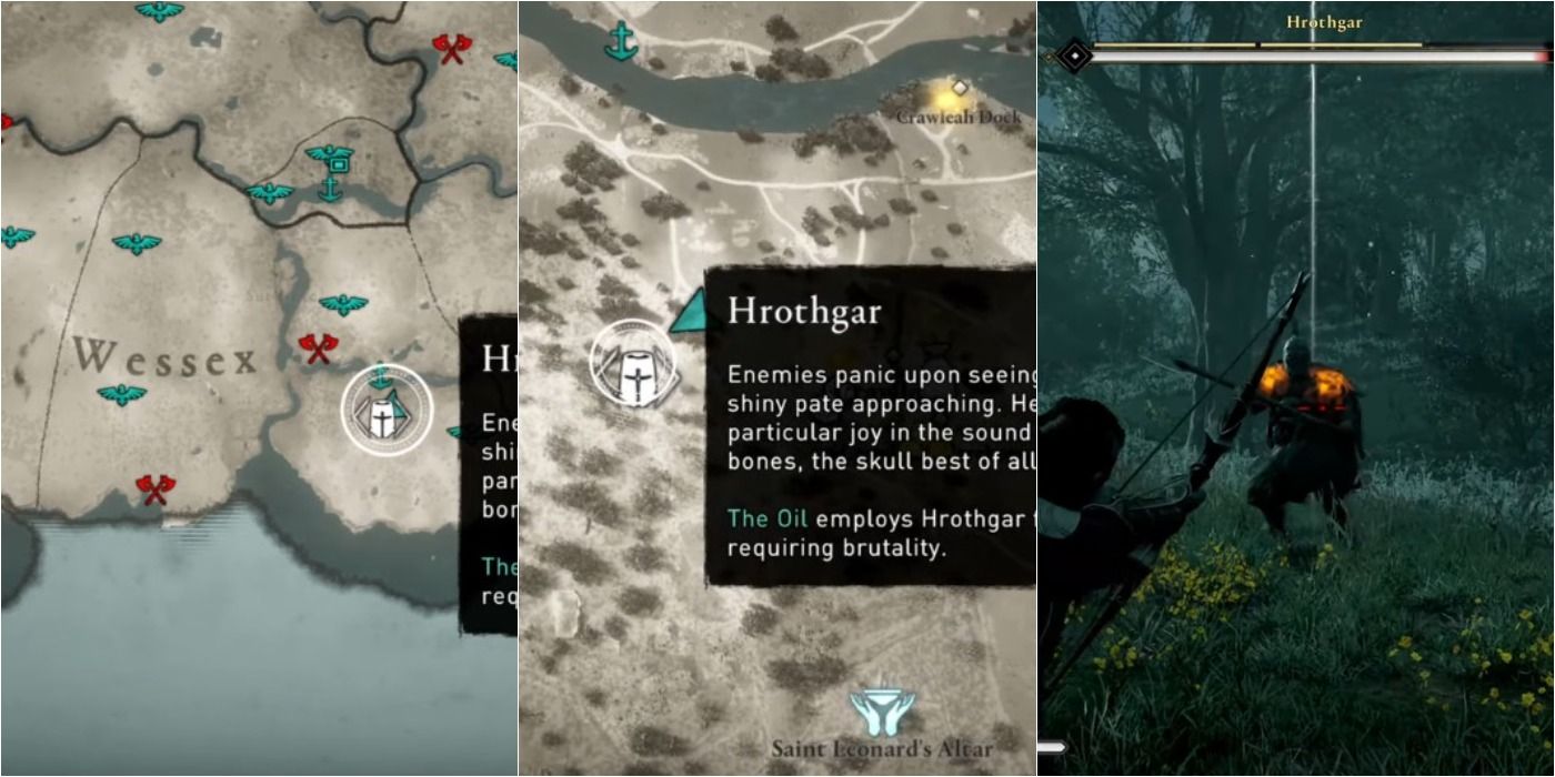 Assassin's Creed Valhalla split image of Hrothdar location on map and in game
