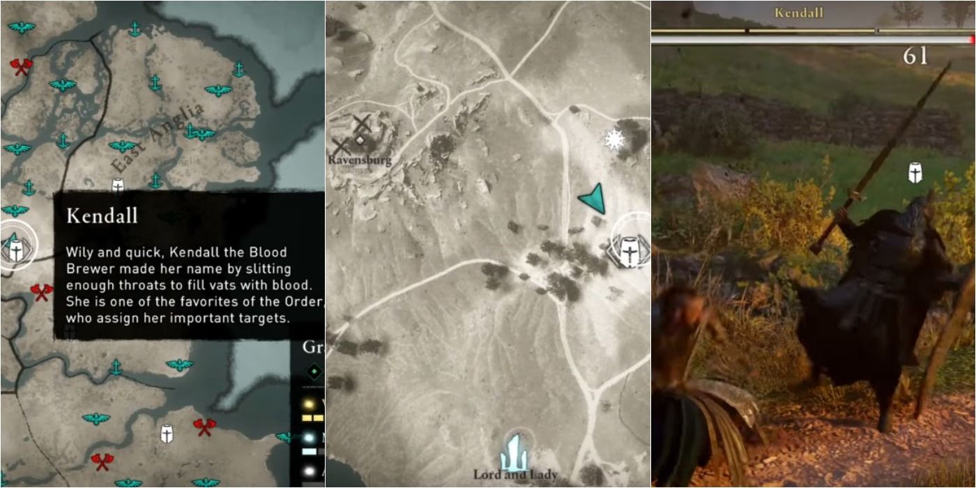 Assassin's Creed Valhalla split image of Kendall location on map and in game