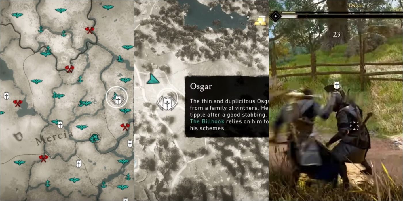 Assassin's Creed Valhalla split image of Osgar location on map and in game