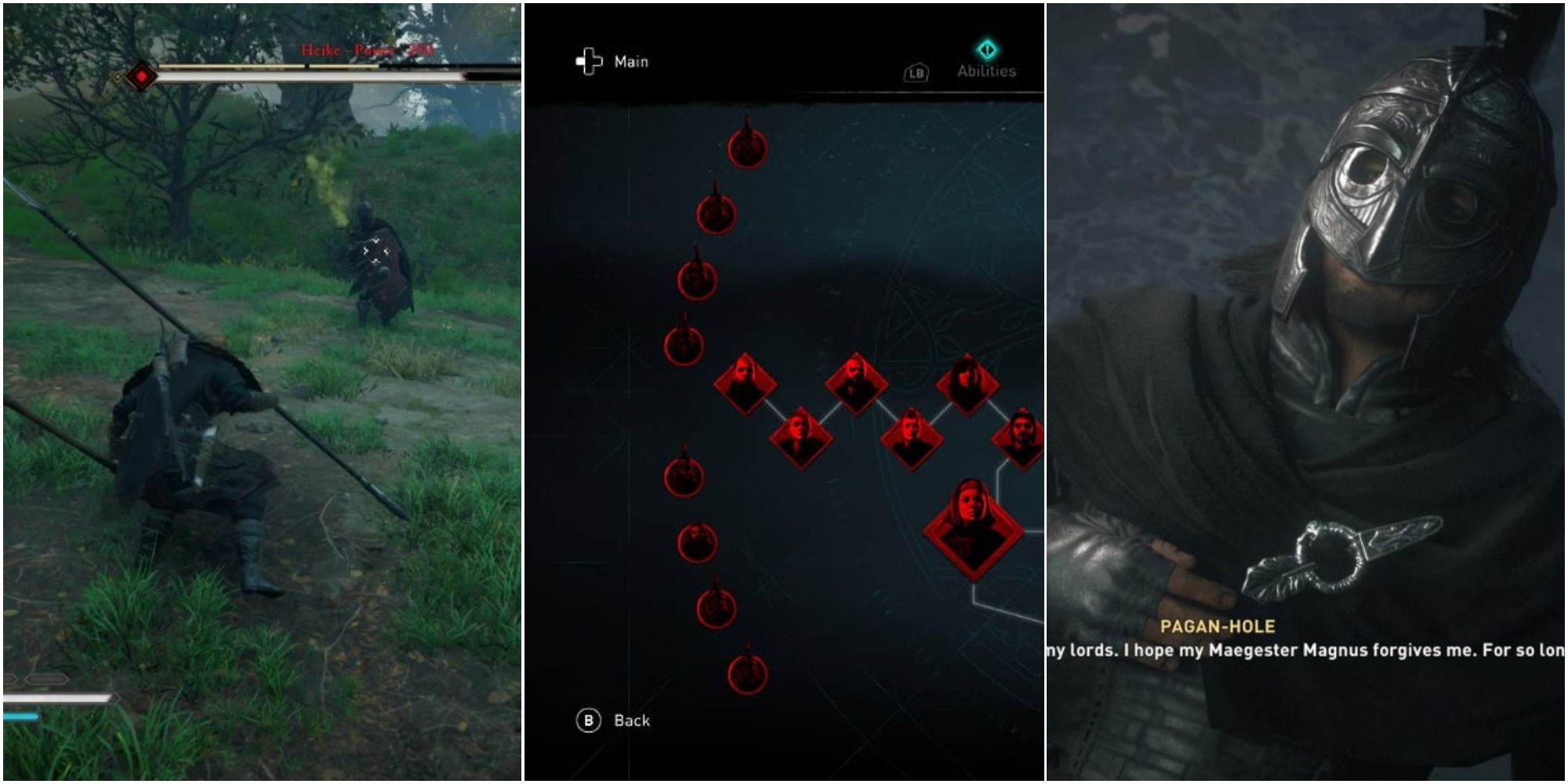 Assassin's Creed Valhalla Zealots Heike, Orders menu and death cinematic split image