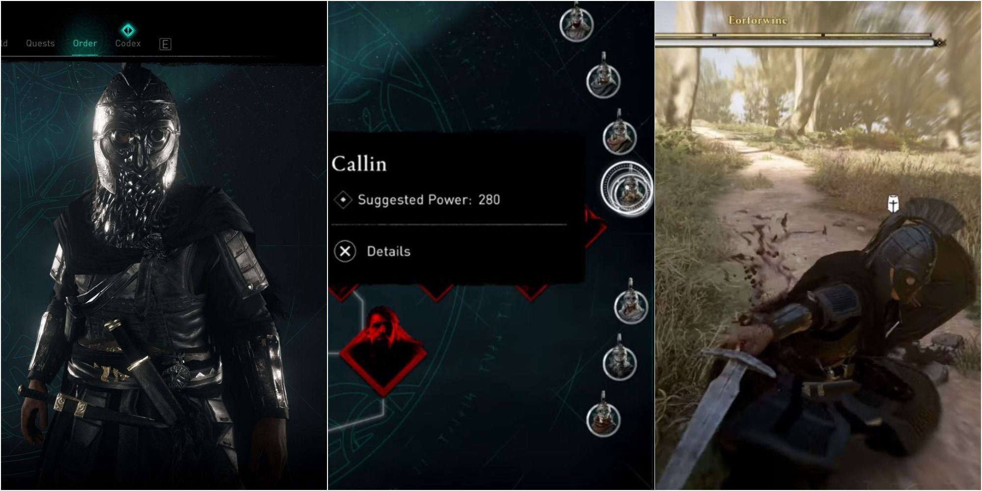 split image of Assassin's Creed Valhalla Zealots right branch Callin, Redwalda, sword fight