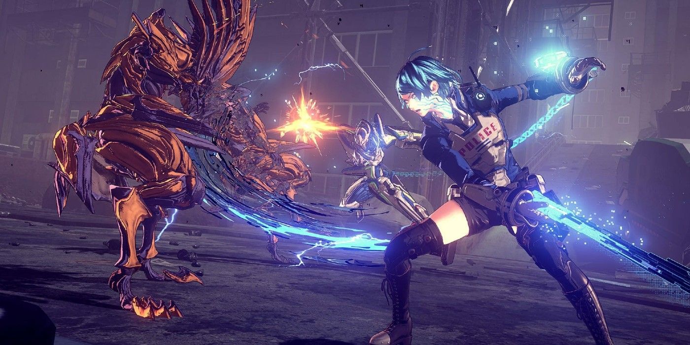 Astral Chain combat of hero slashing monster with blue glowing blades