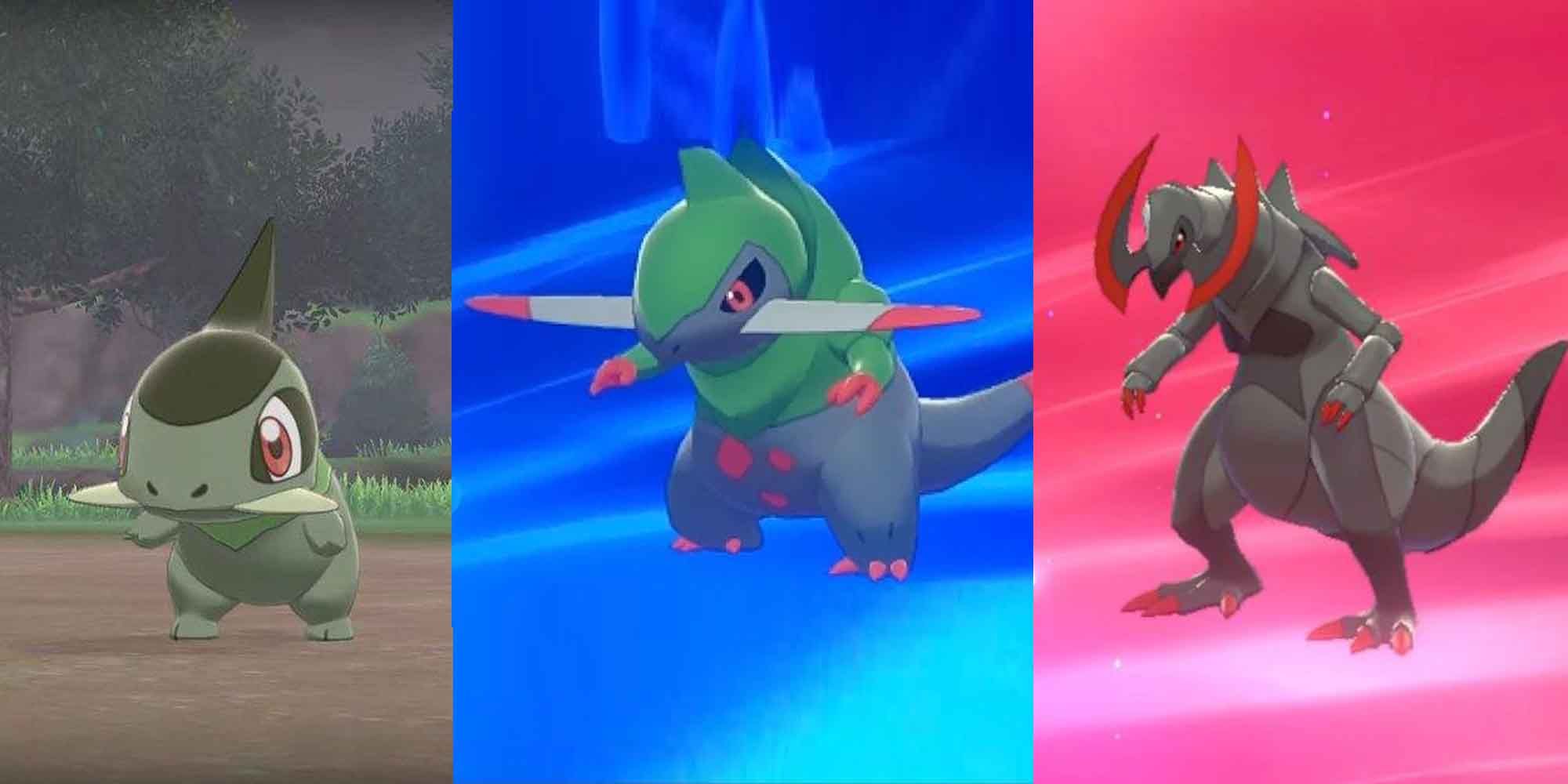 Axew, Fraxure, and Haxorus in Pokemon Sword and Shield