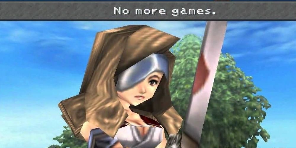Beatrix holding up her weapon with the text "No more games."