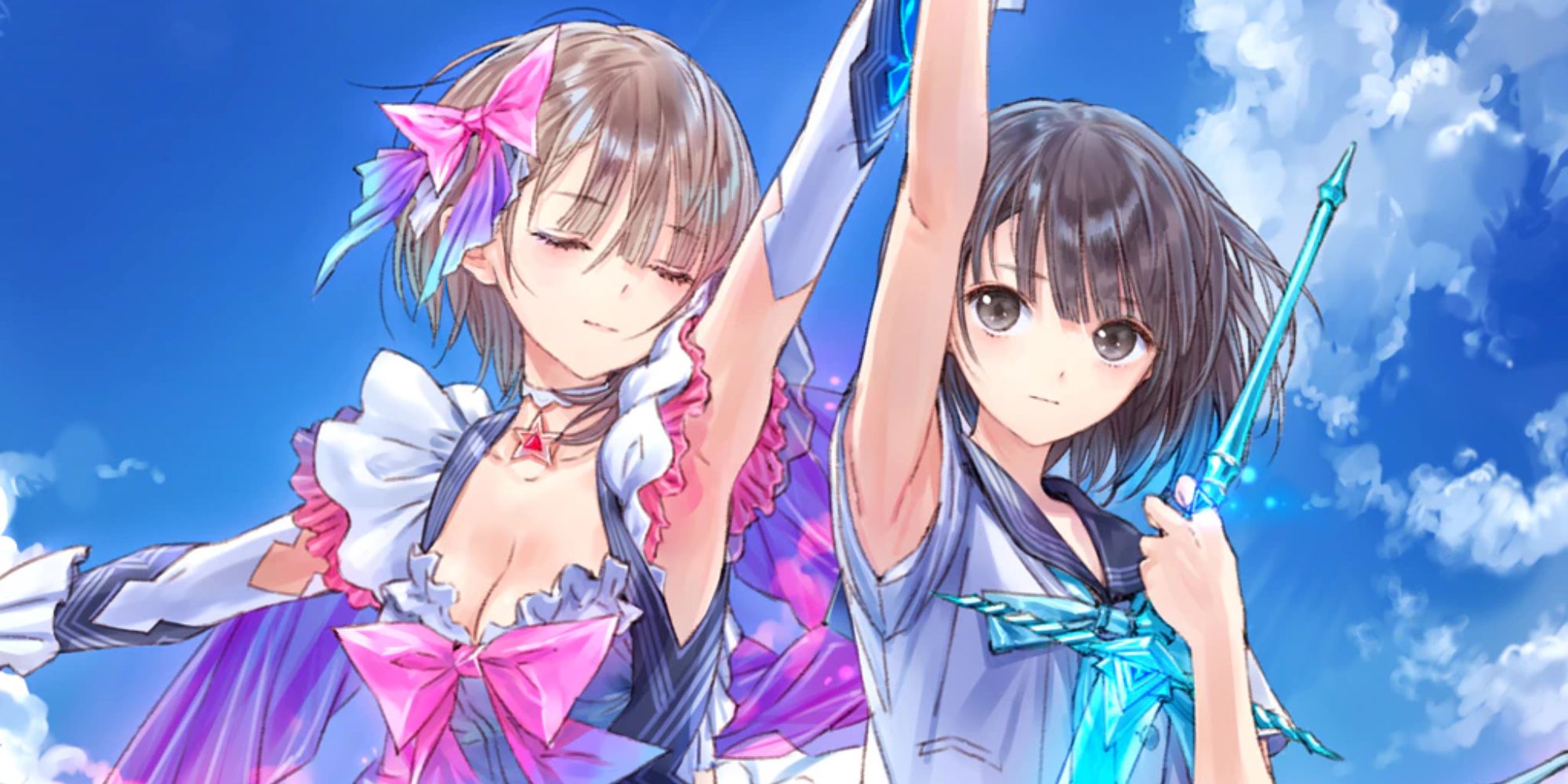 cover art for the game Blue Reflection featuring the game's protagonist Hinako in both of her forms against a cloudy sky background
