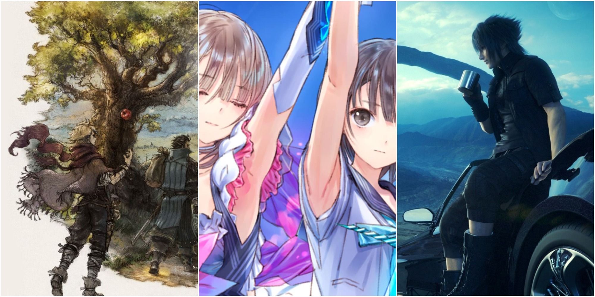 Best JRPG Soundtrack on the left is cover art from Octopath Traveler, in the middle is cover art for Blue Reflection and on the right is Noctis from Final Fantasy 15 drinking coffee