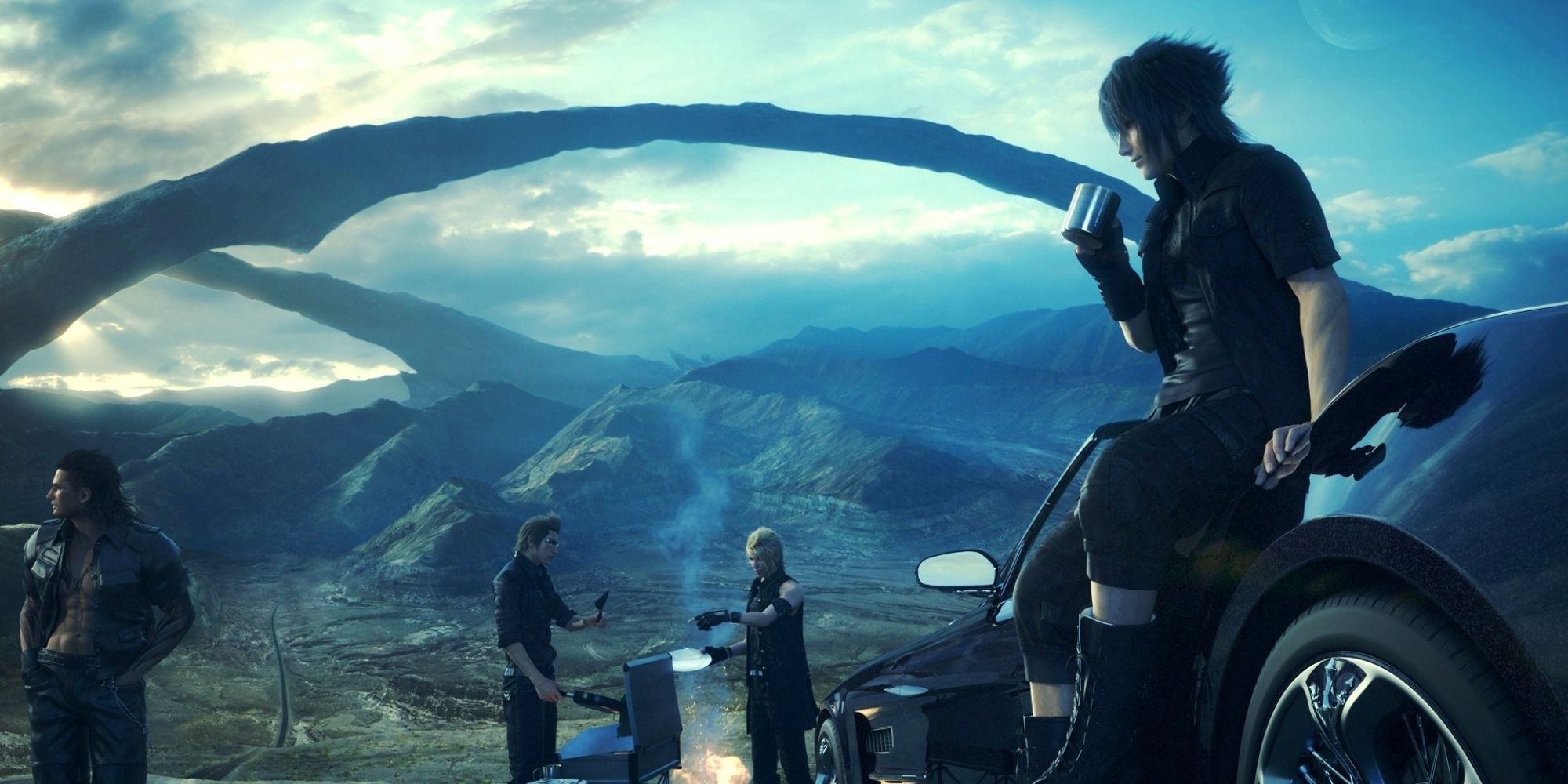 Best JRPG Soundtrack a wide shot from Final Fantasy XV of Noctis on the right drinking coffee by the car, Prompto and Ignis cooking in the distance and Gladiolus standing guard on the right with a towering backdrop of mountains and strange topography