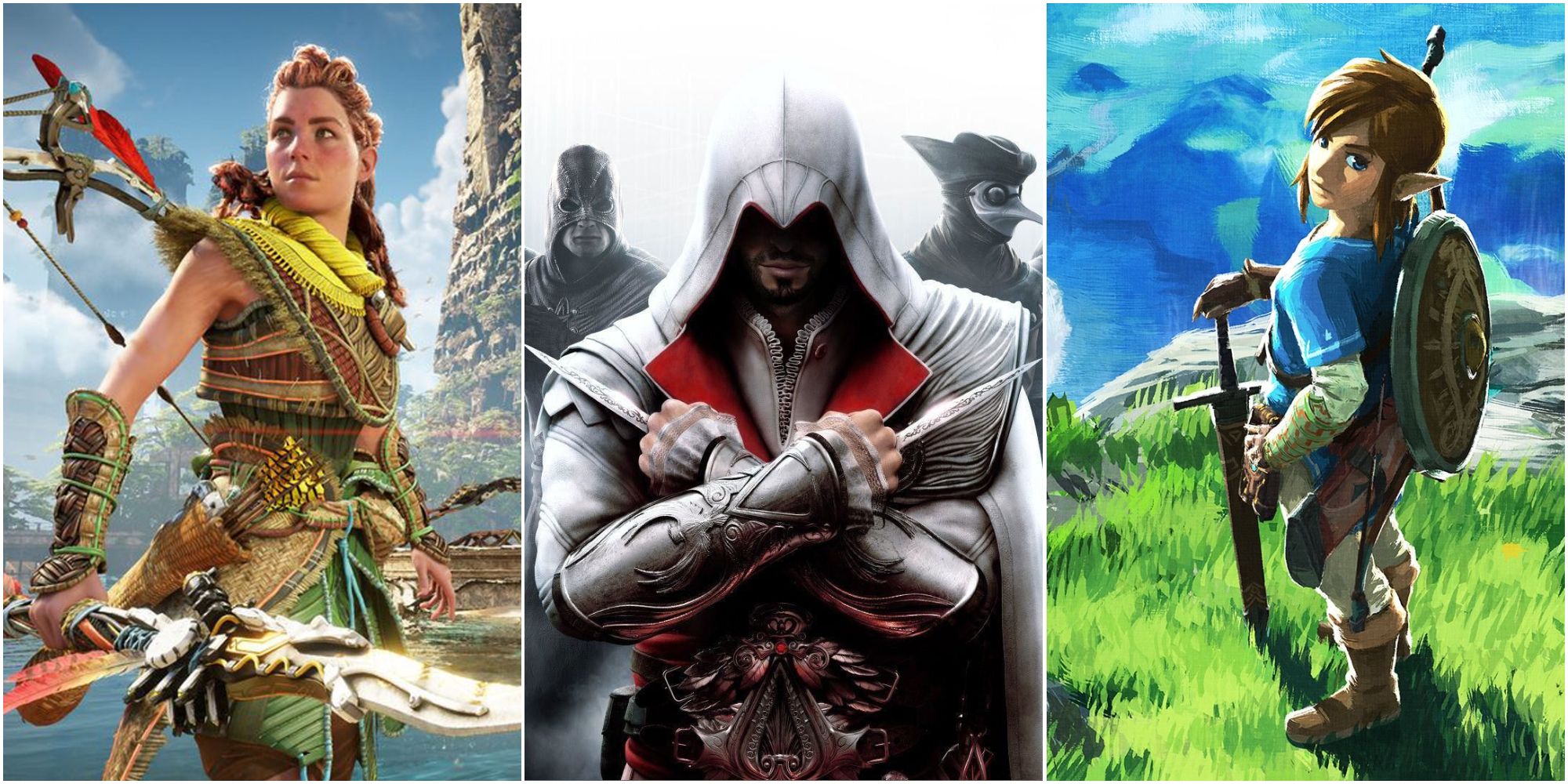 Aloy from Horizon Forbidden West, Ezio from Assassin's Creed, Link from Breath of the Wild
