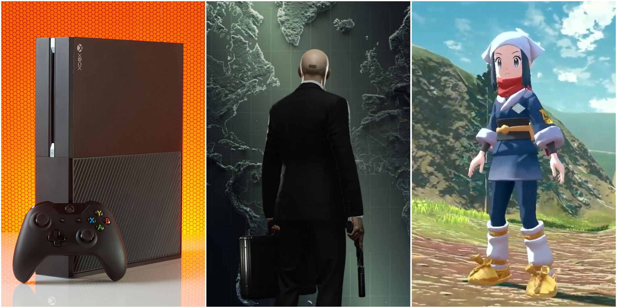 An Xbox One, Agent 47 from Hitman 3, and the main character of Pokemon Legends: Arceus