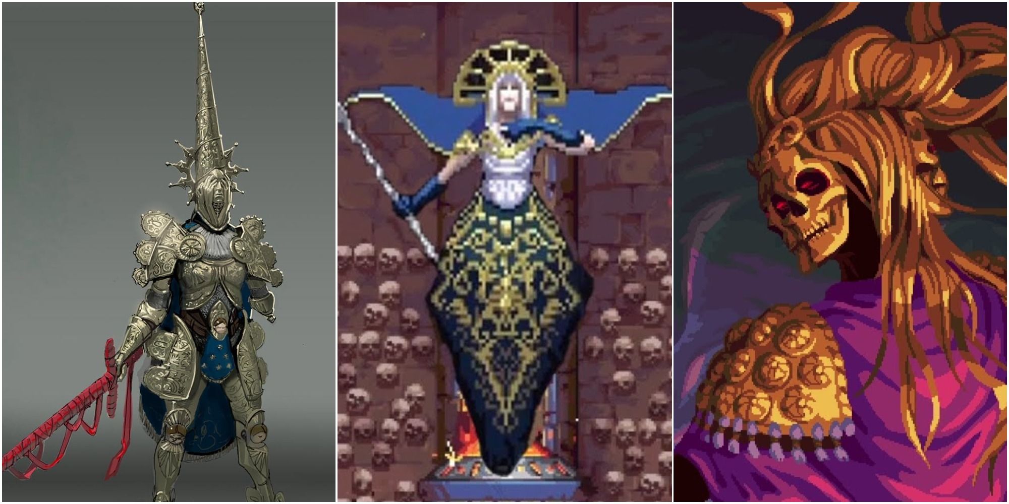 Concept art of Crisanta, in-game model of Isidora, and animated still of Laudes, left to right