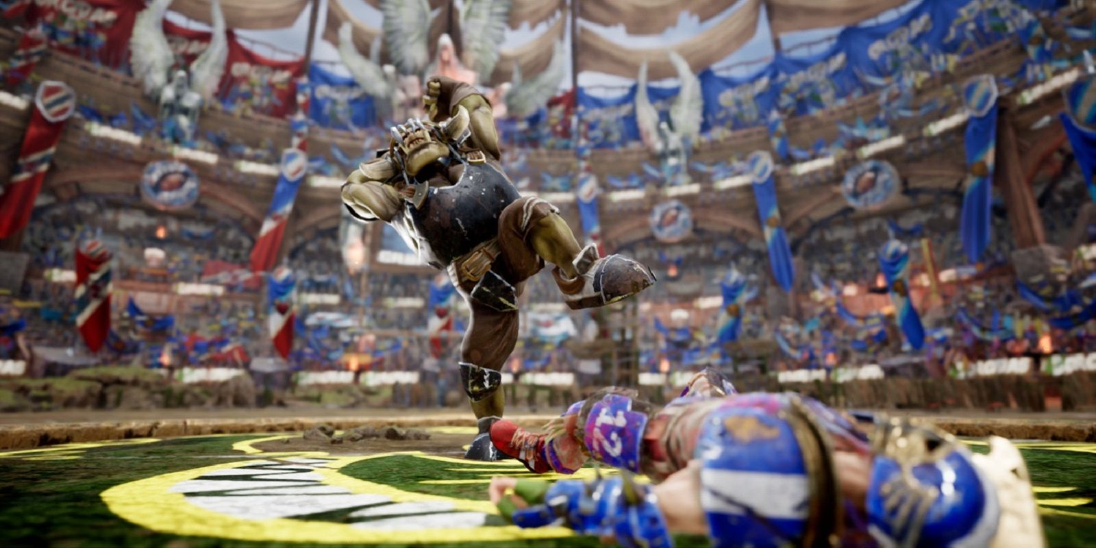 Blood Bowl 3 Orc jumps on a prone human