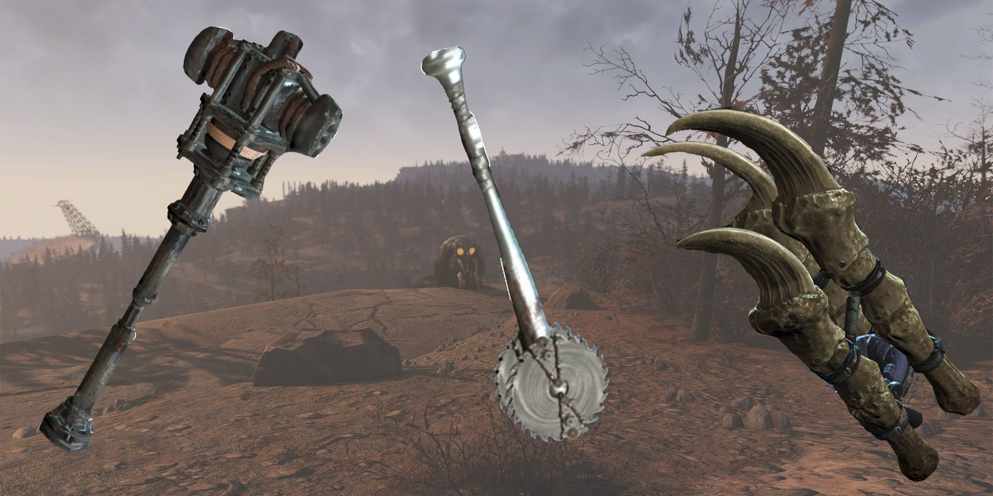 Bloodied Melee Weapons from Fallout 76 including a Super Sledge, a Bladed Aluminum Bat, and the Clever Girl Deathclaw Gauntlet.